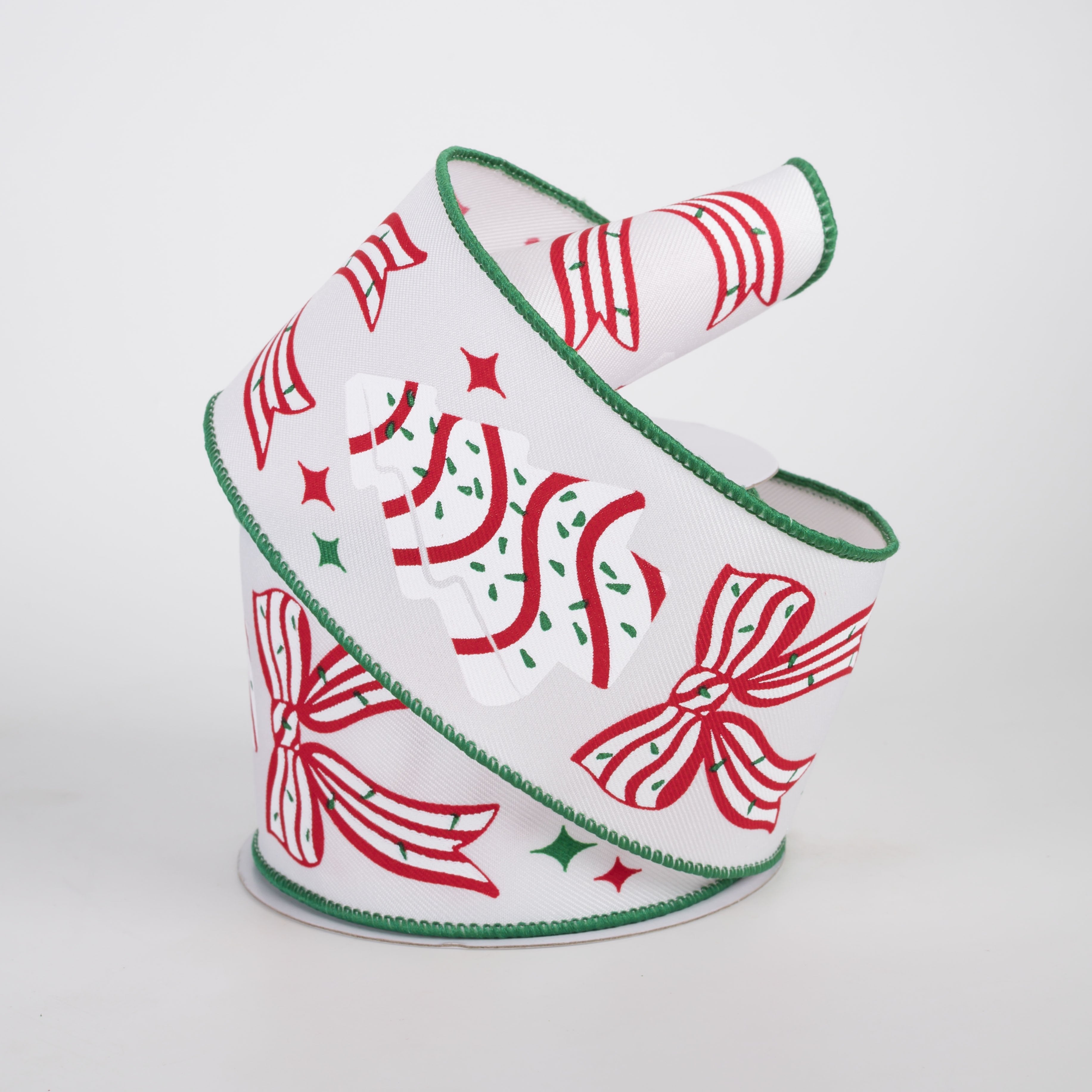 2.5" Christmas Tree Snack Cakes & Bows Ribbon: Red, White Emerald (10 Yards) detail photo 3