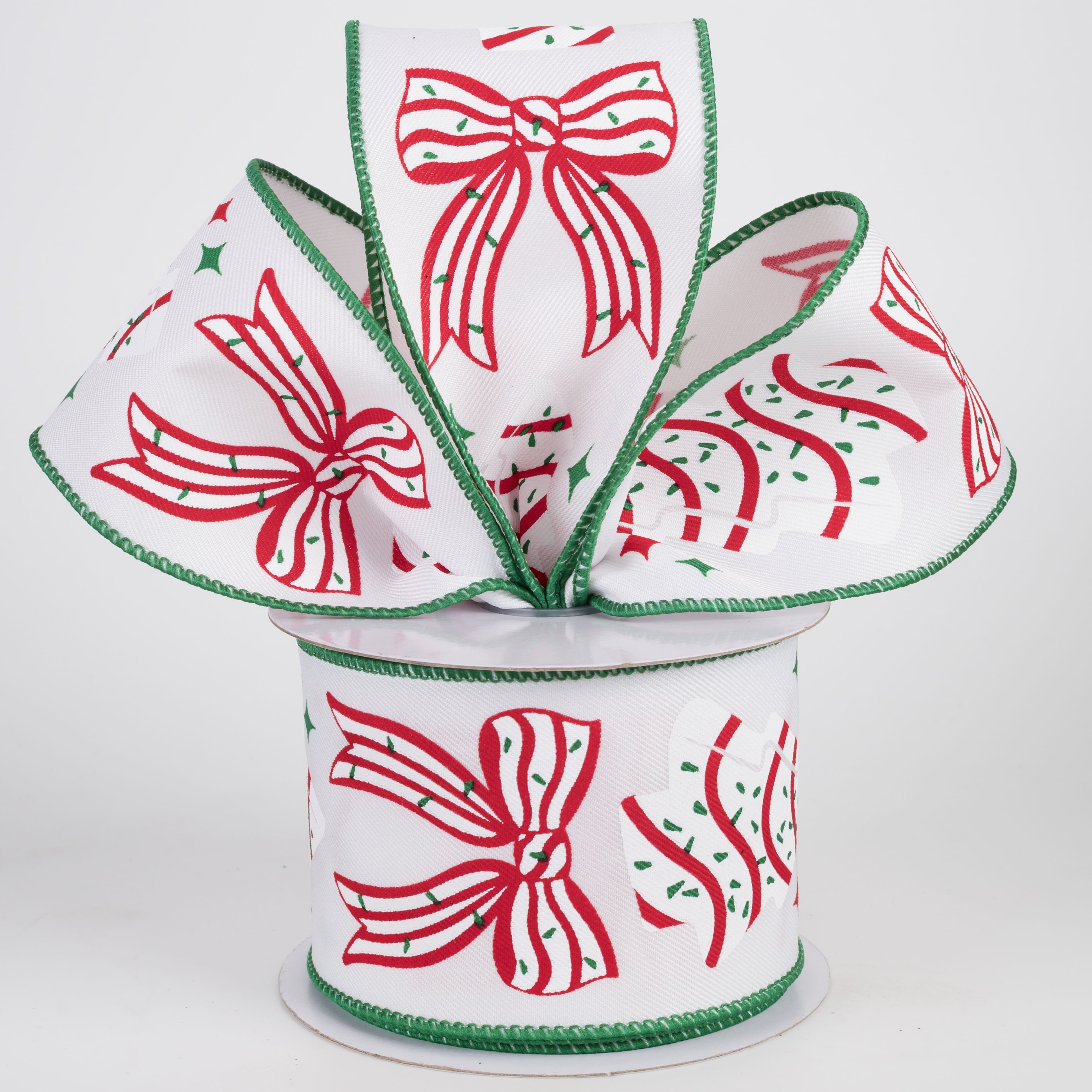 2.5" Christmas Tree Snack Cakes & Bows Ribbon: Red, White Emerald (10 Yards) Lifestyle Photo