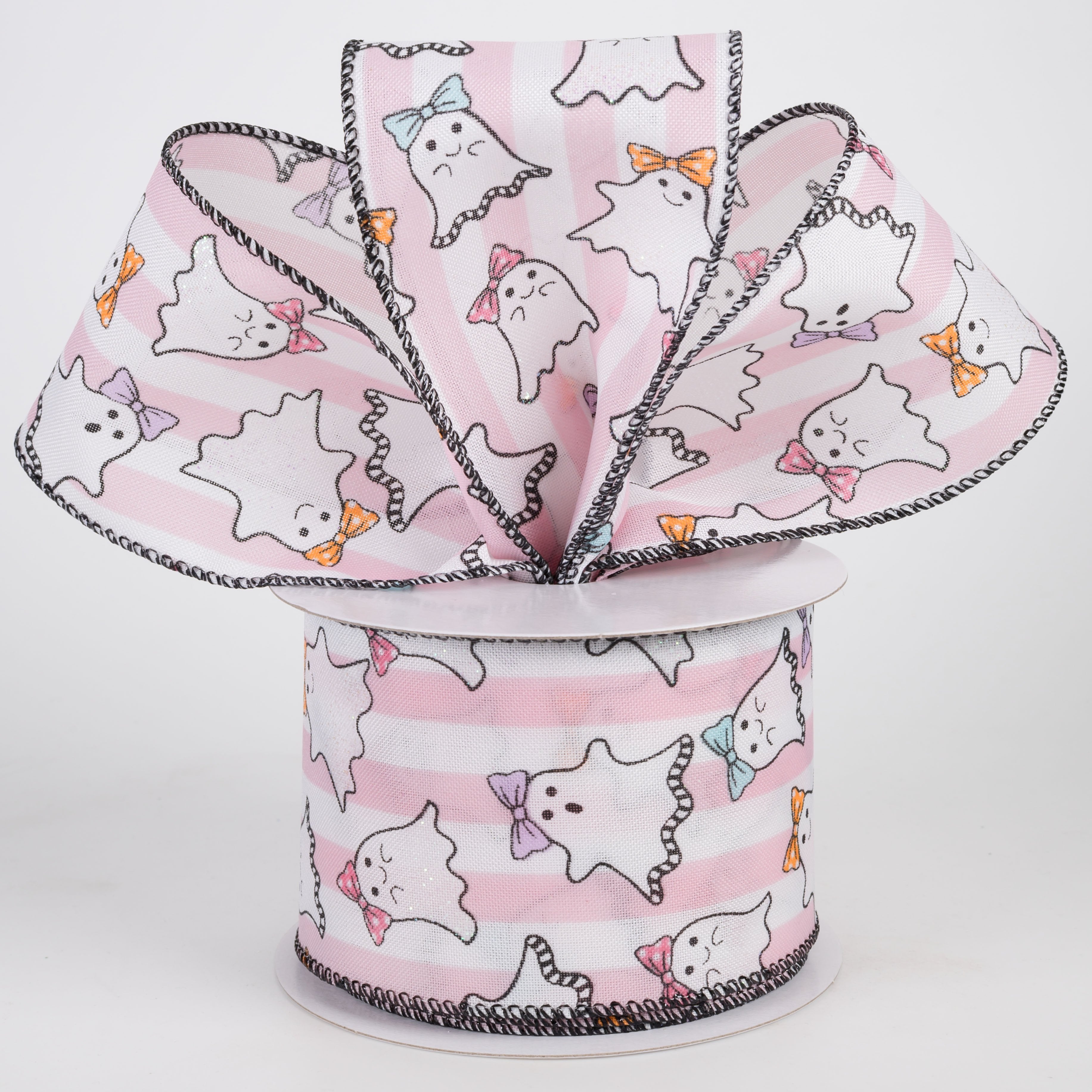 2.5" Cutie Bow Ghosts Ribbon: Pink & White Satin Stripes (10 Yards) Lifestyle Photo