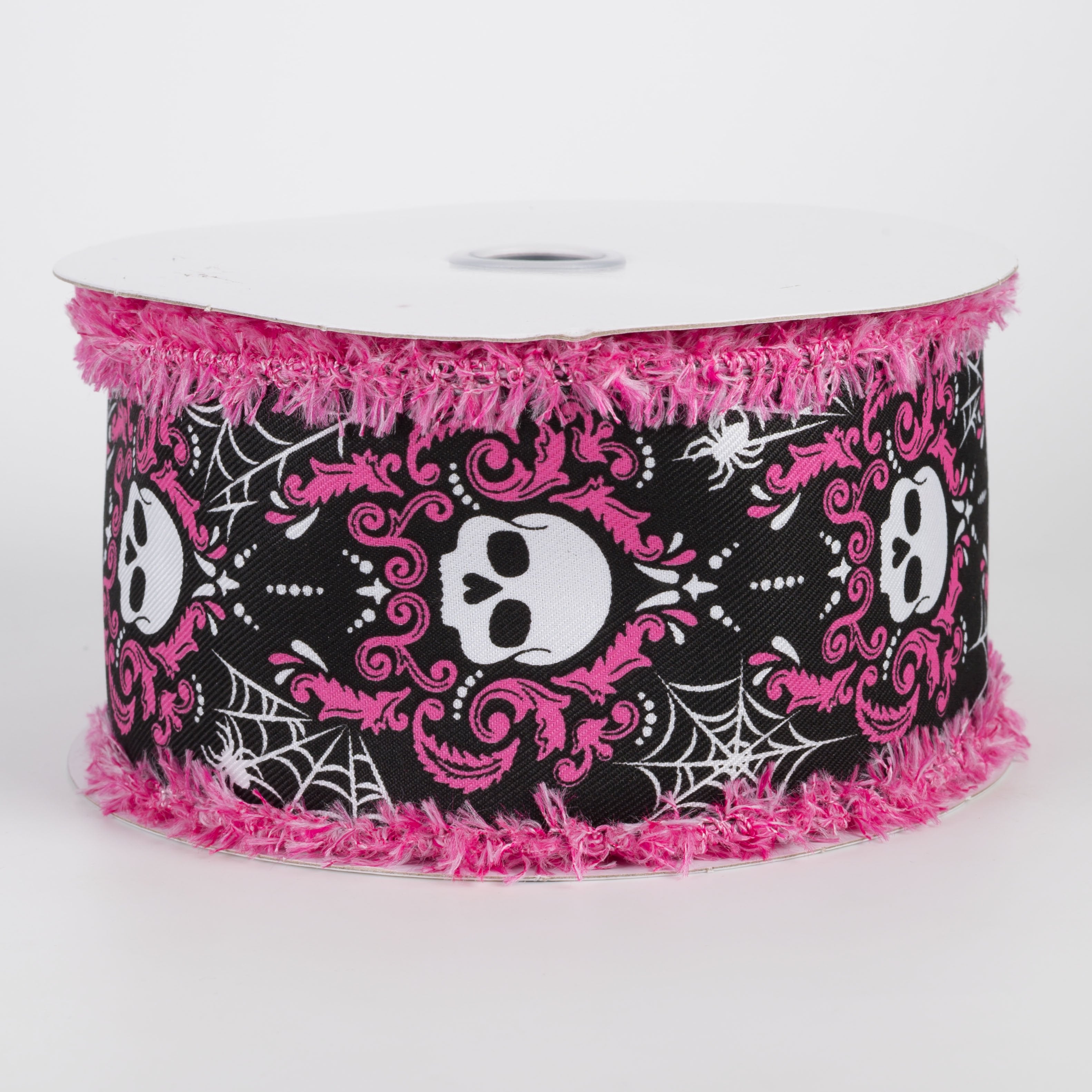 2.5" Damask Skull Fuzzy Edge Ribbon: Black & Hot Pink (10 Yards) Item Number: RGC8245J6