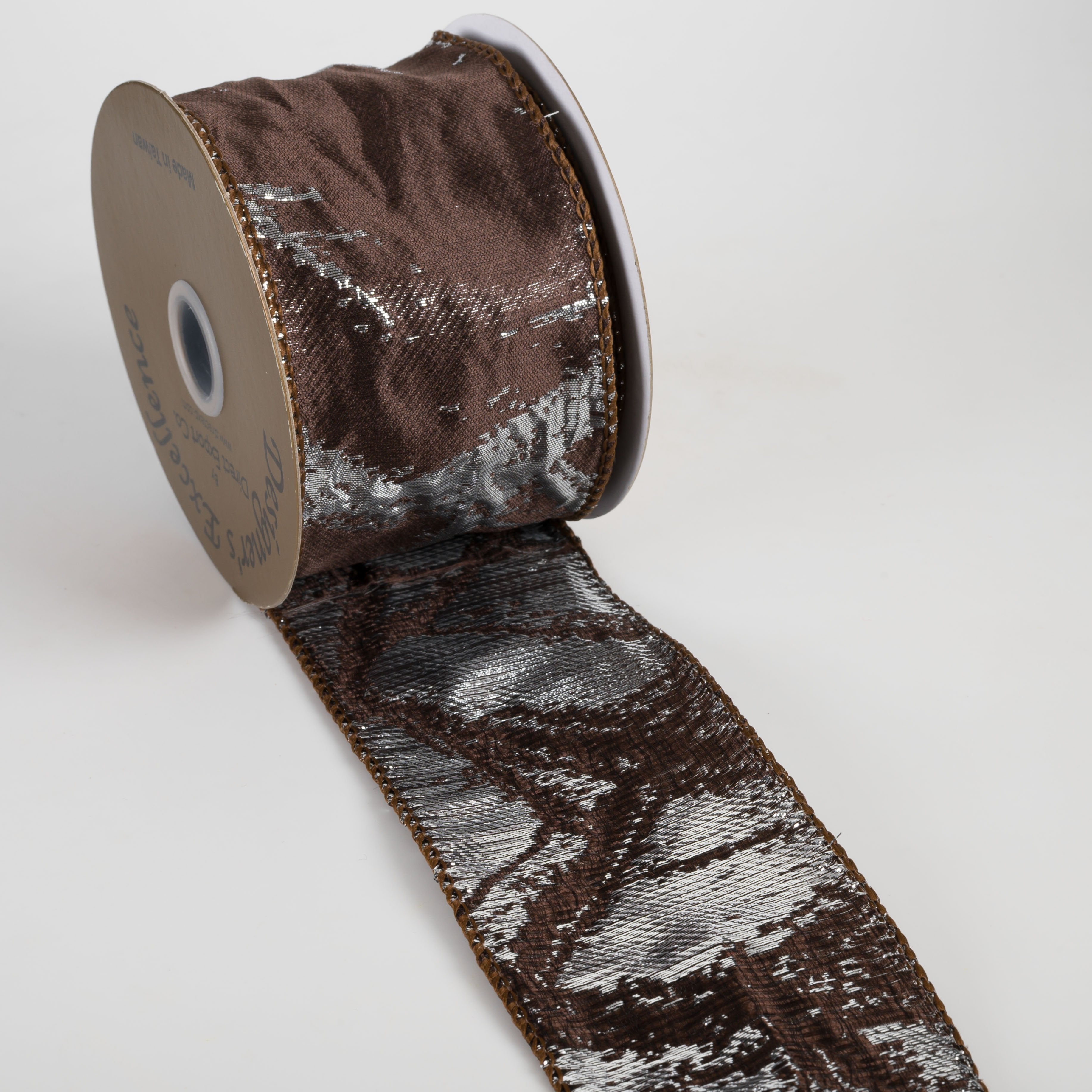 2.5" Designer Abstract Pattern Ribbon: Chocolate & Silver (10 Yards) detail photo 3