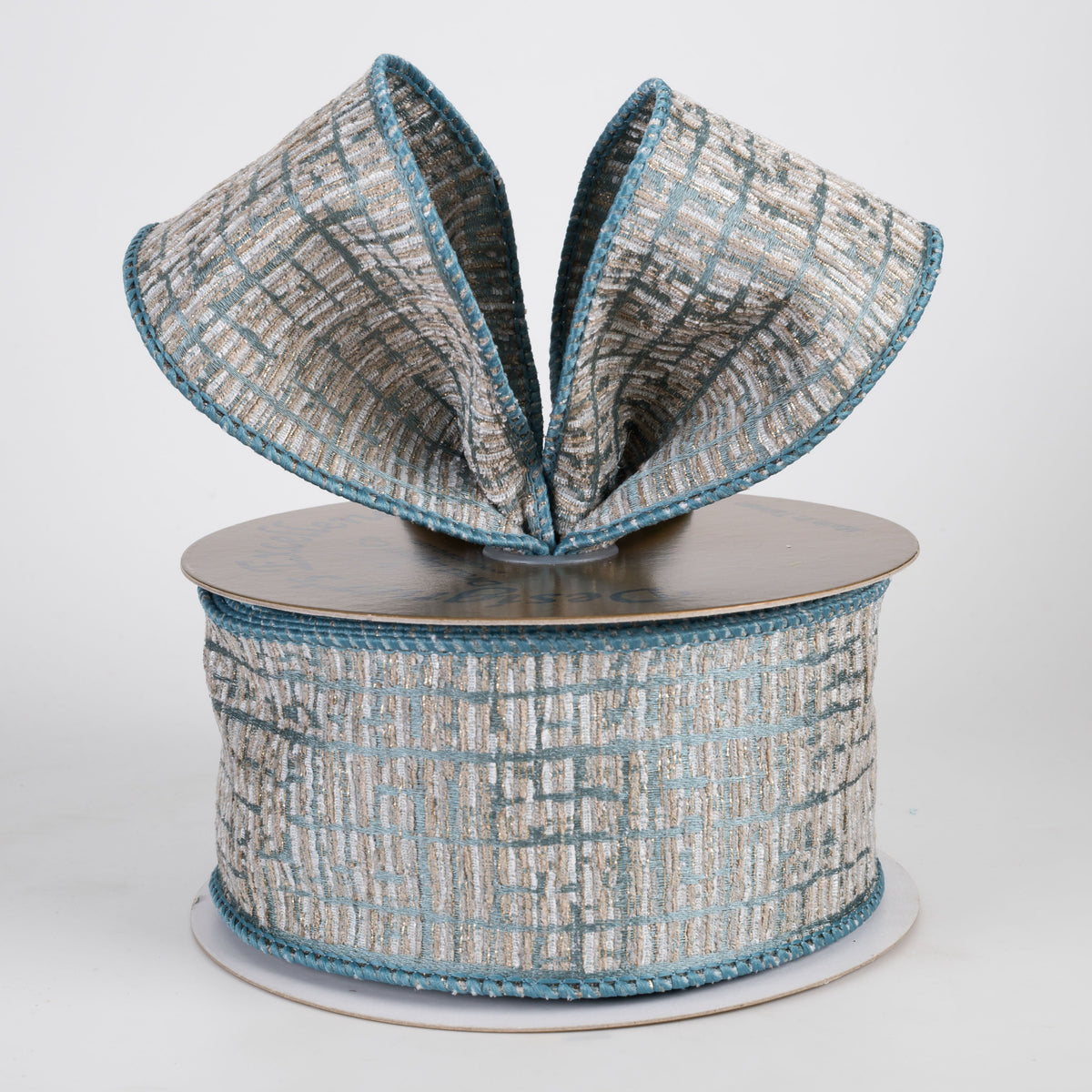 2.5" Designer Abstract Pattern Ribbon: Dusty Blue & Champagne (10 Yards) Lifestyle Photo