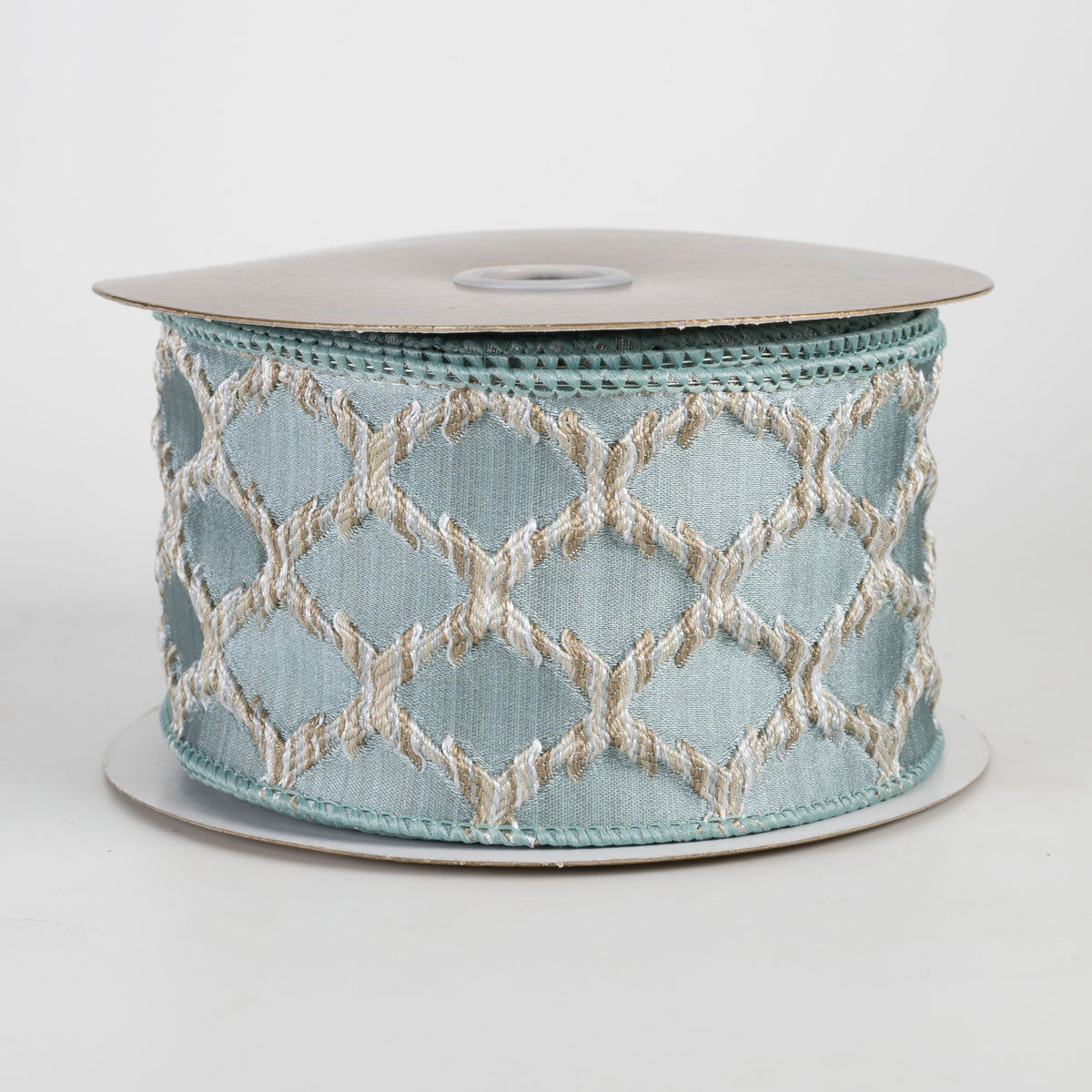 2.5" Designer Embroidered Lattice Ribbon: Dusty Aqua Blue (10 Yards) Item Number: 212069