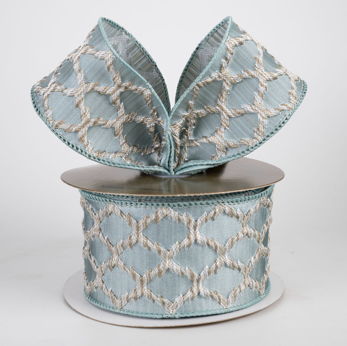 2.5" Designer Embroidered Lattice Ribbon: Dusty Aqua Blue (10 Yards) Lifestyle Photo