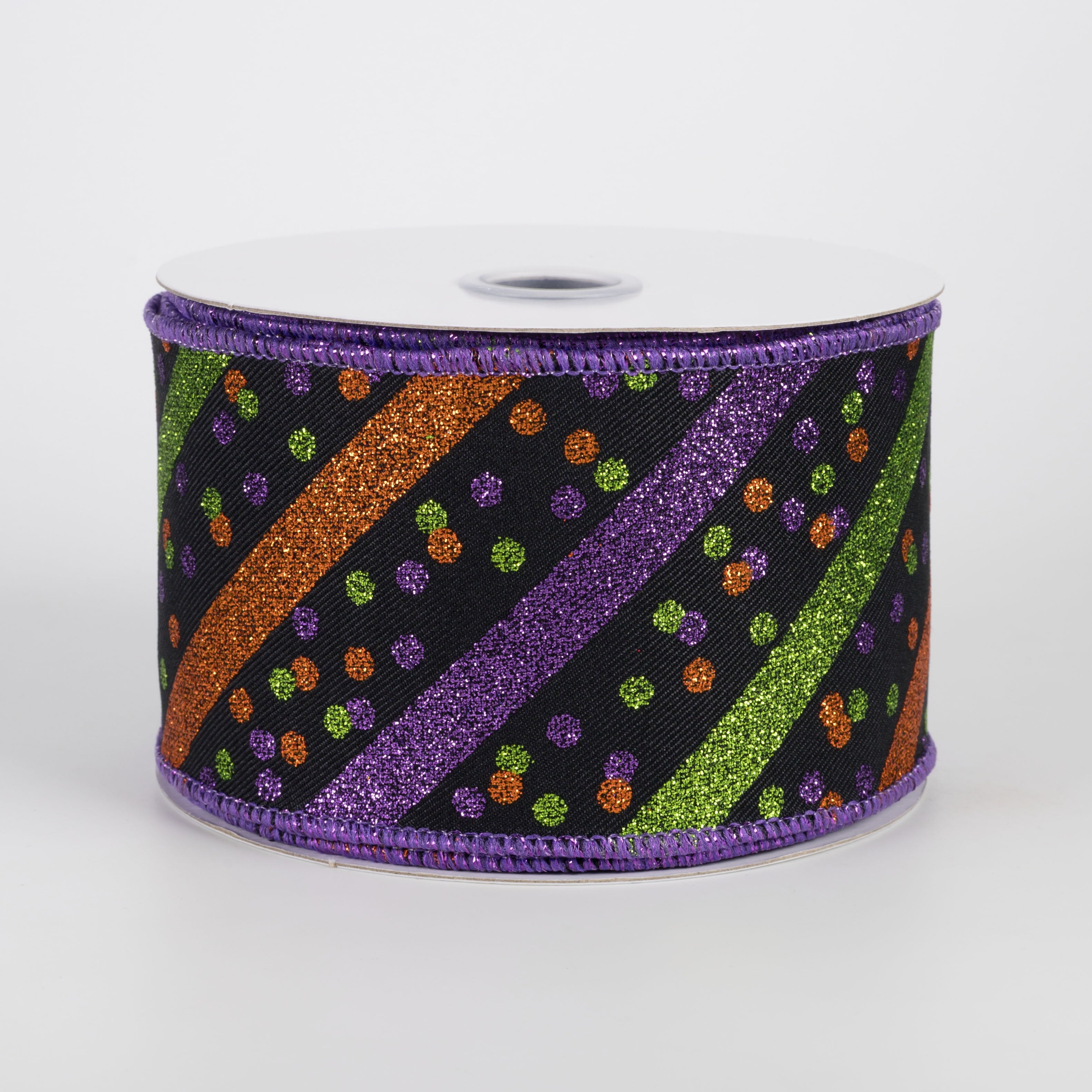 2.5" Diagonal Glitter Stripes & Confetti Dots Ribbon: Halloween (10 Yards) Item Number: RGF1993YR
