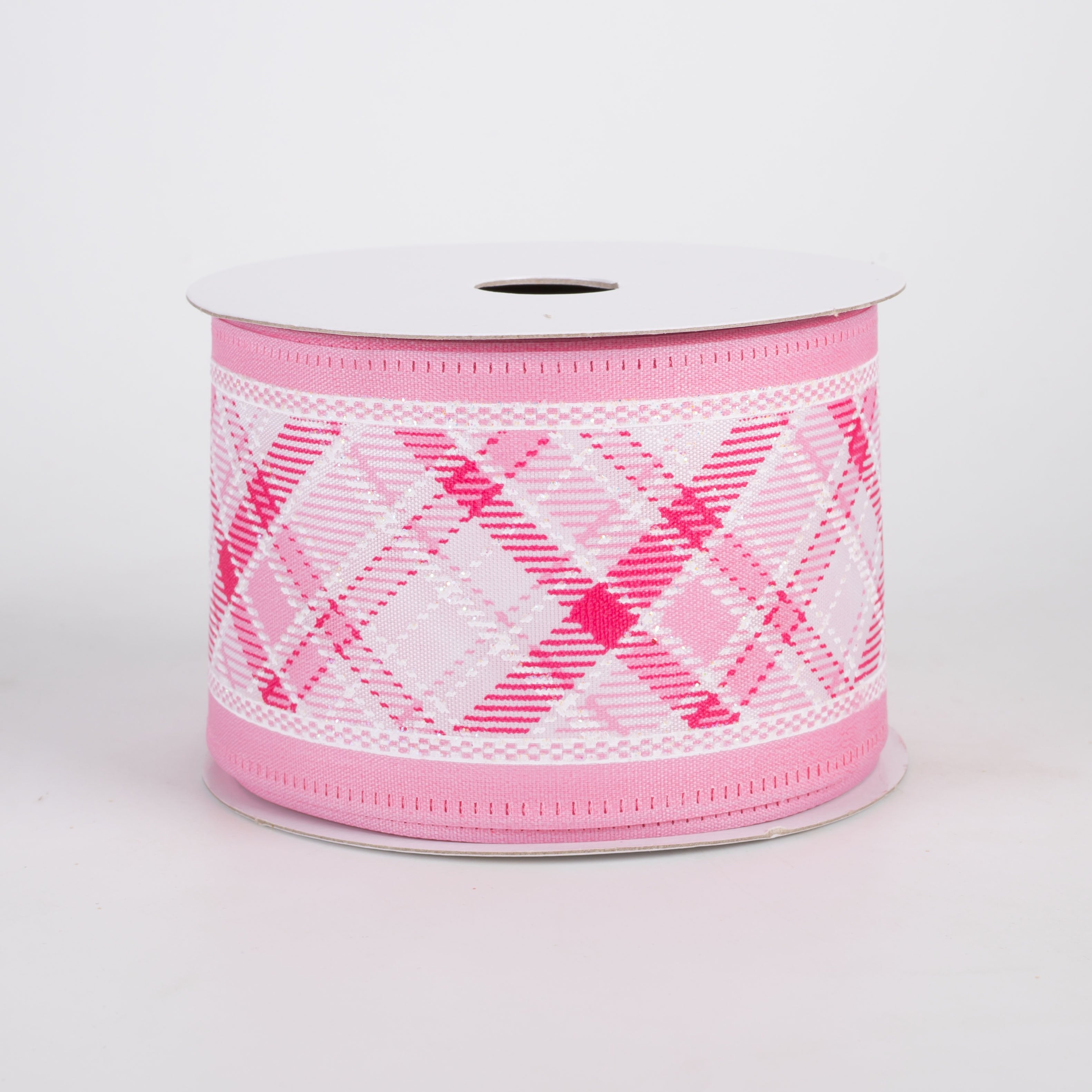 2.5" Diagonal Plaid Edge Ribbon: Pink & White (10 Yards) Item Number: 76604-40-03