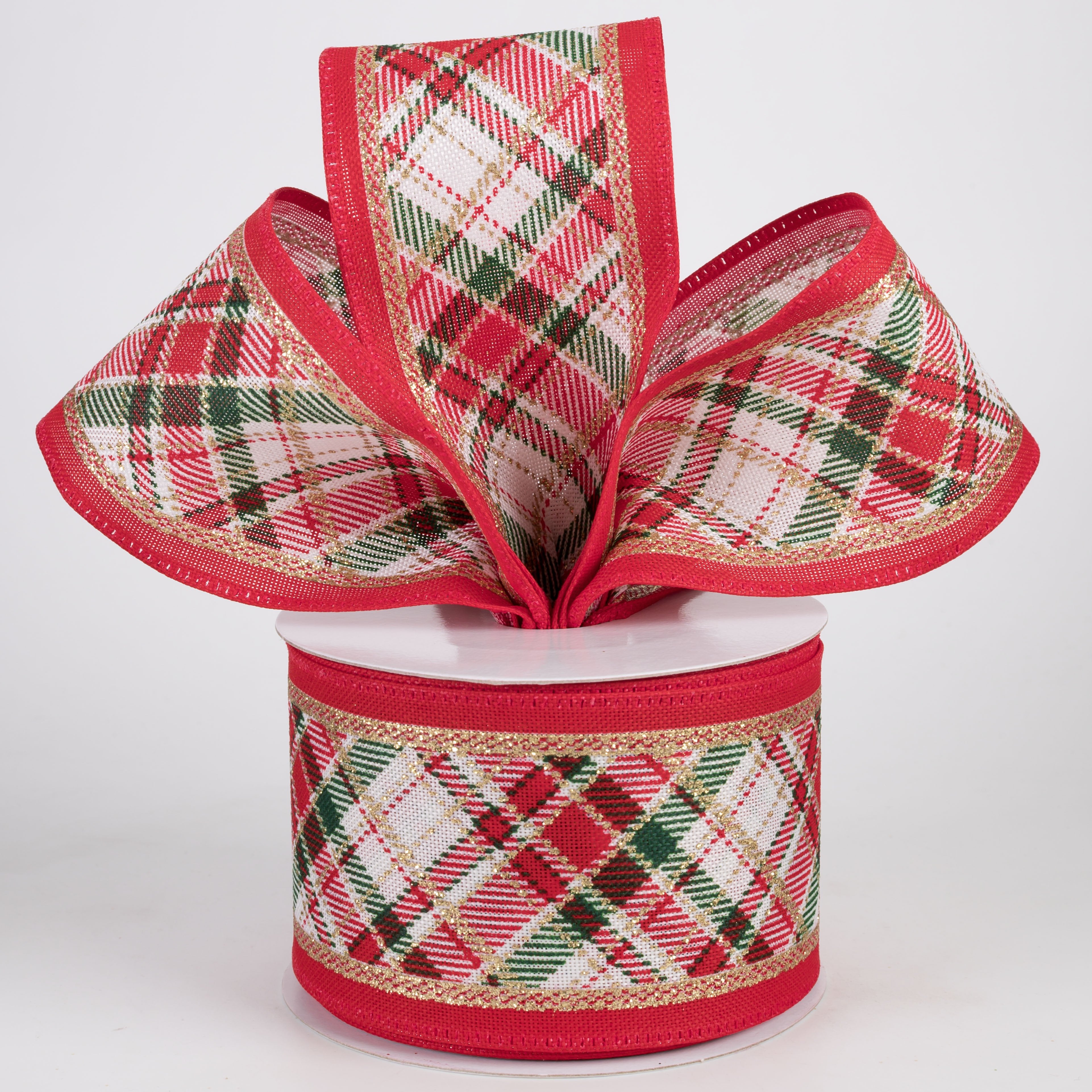 2.5" Diagonal Plaid Edge Ribbon: Red, Green & Gold (10 Yards) Lifestyle Photo