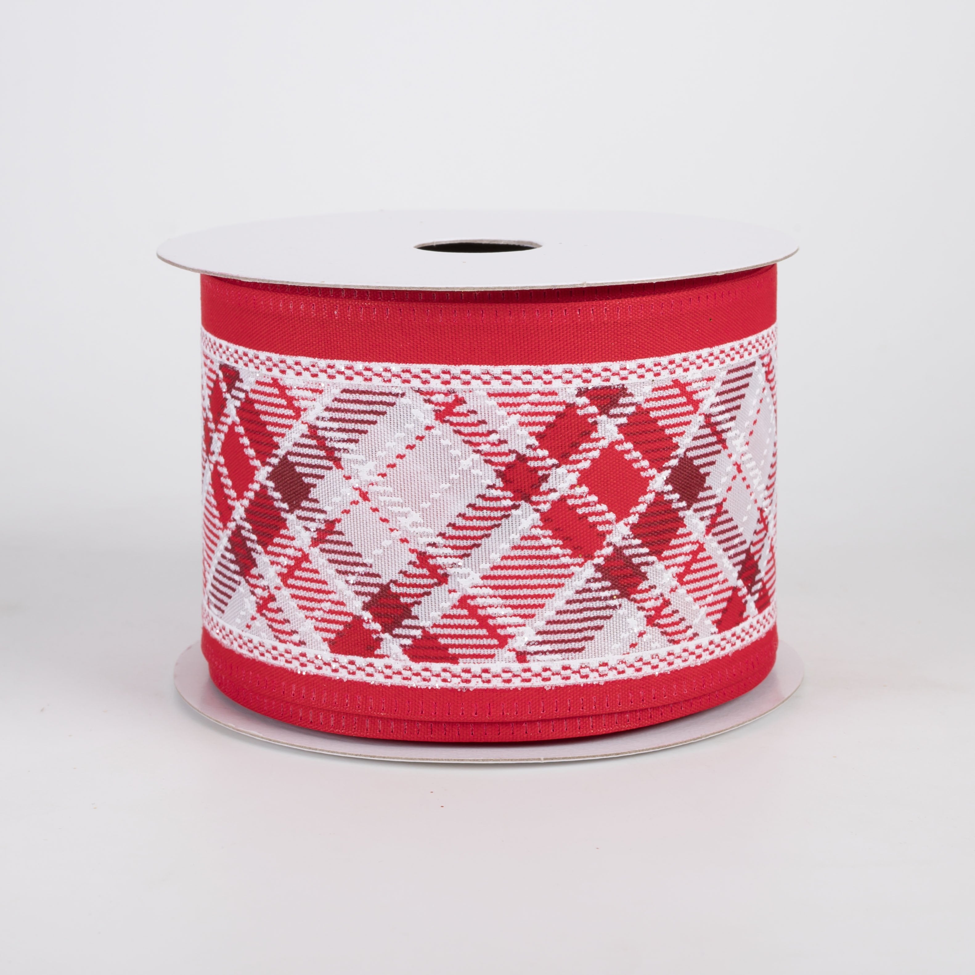 2.5" Diagonal Plaid Edge Ribbon: Red & White (10 Yards) Item Number: 76604-40-13