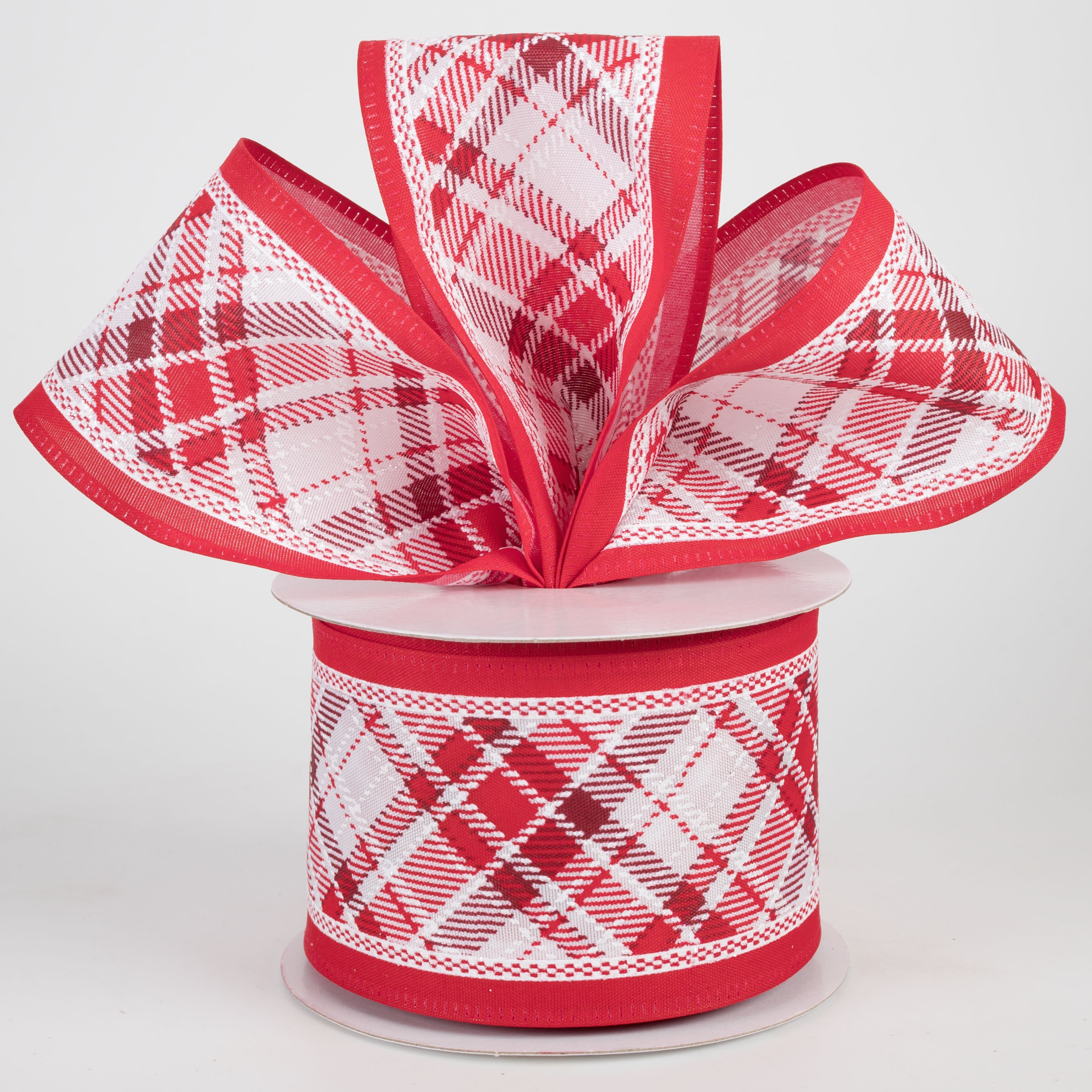 2.5" Diagonal Plaid Edge Ribbon: Red & White (10 Yards) Lifestyle Photo