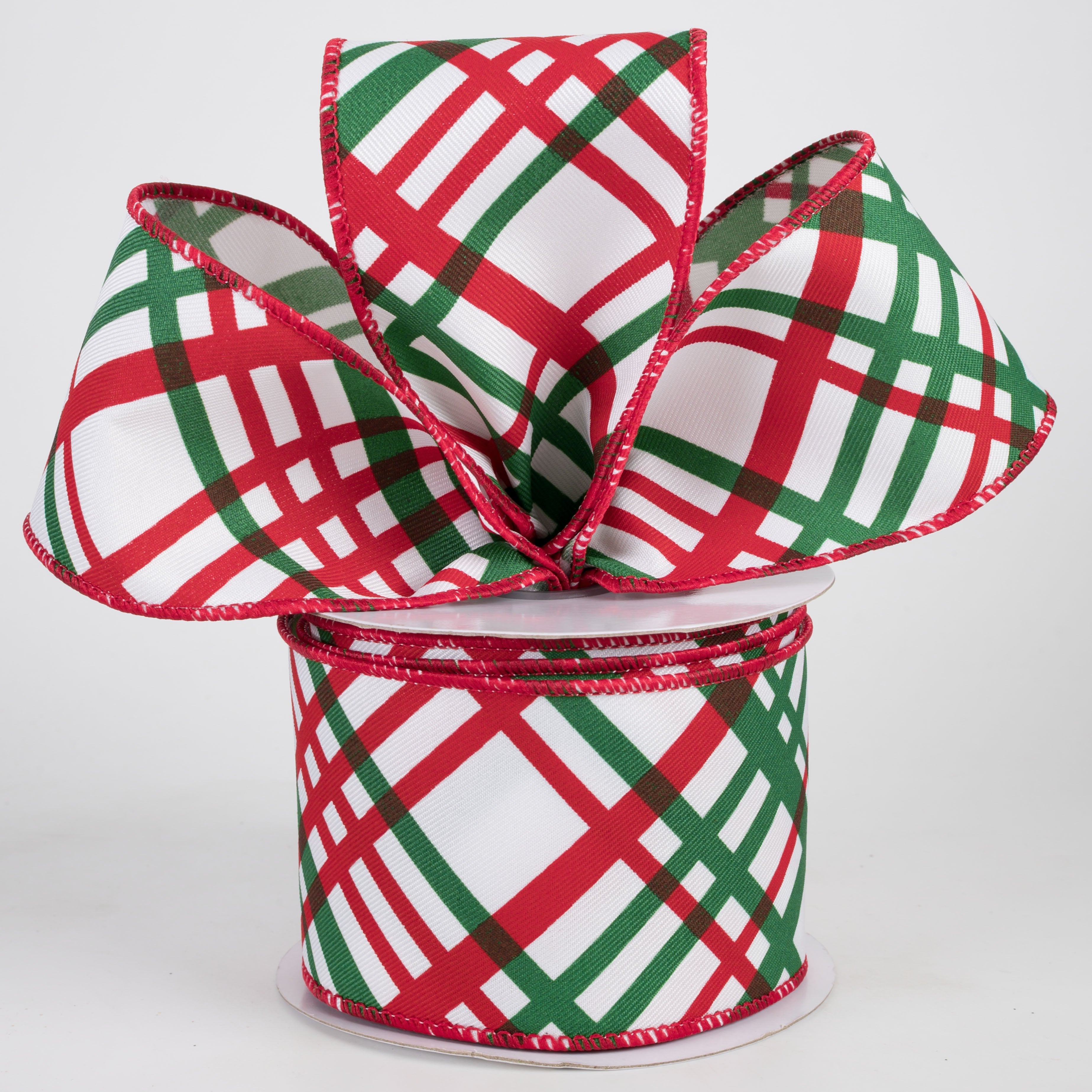 2.5" Diagonal Windowpane Plaid Ribbon: White, Red & Emerald (10 Yards) Lifestyle Photo