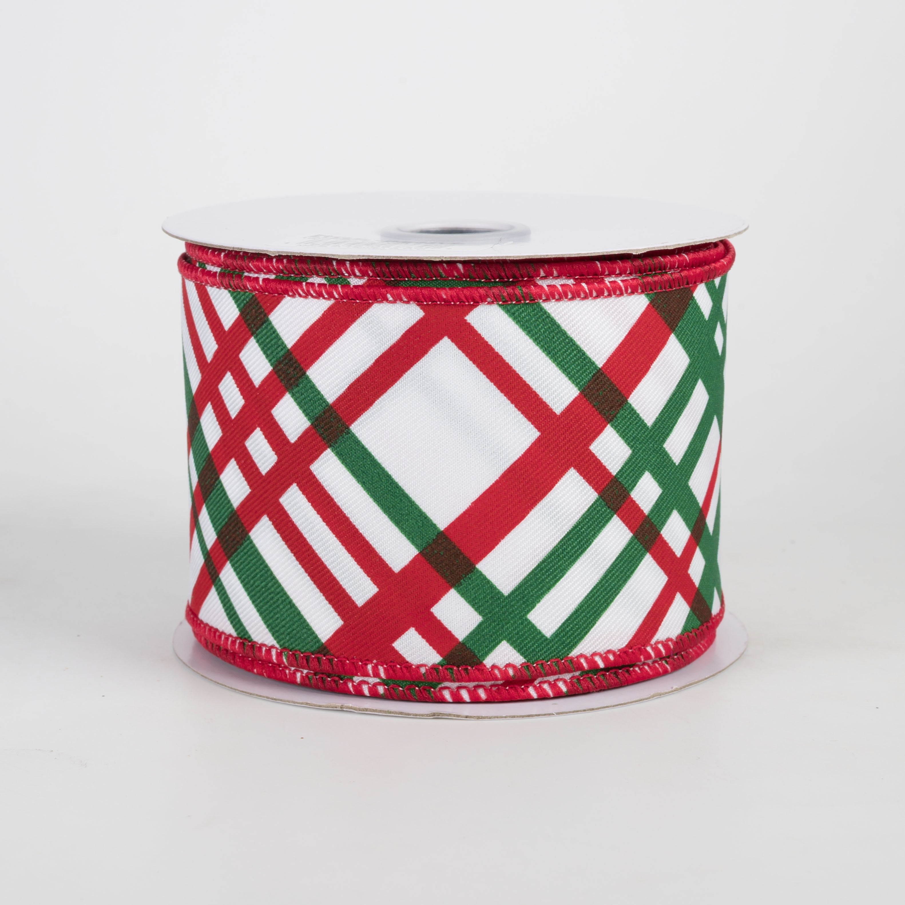 2.5" Diagonal Windowpane Plaid Ribbon: White, Red & Emerald (10 Yards) Item Number: RGE1653K2