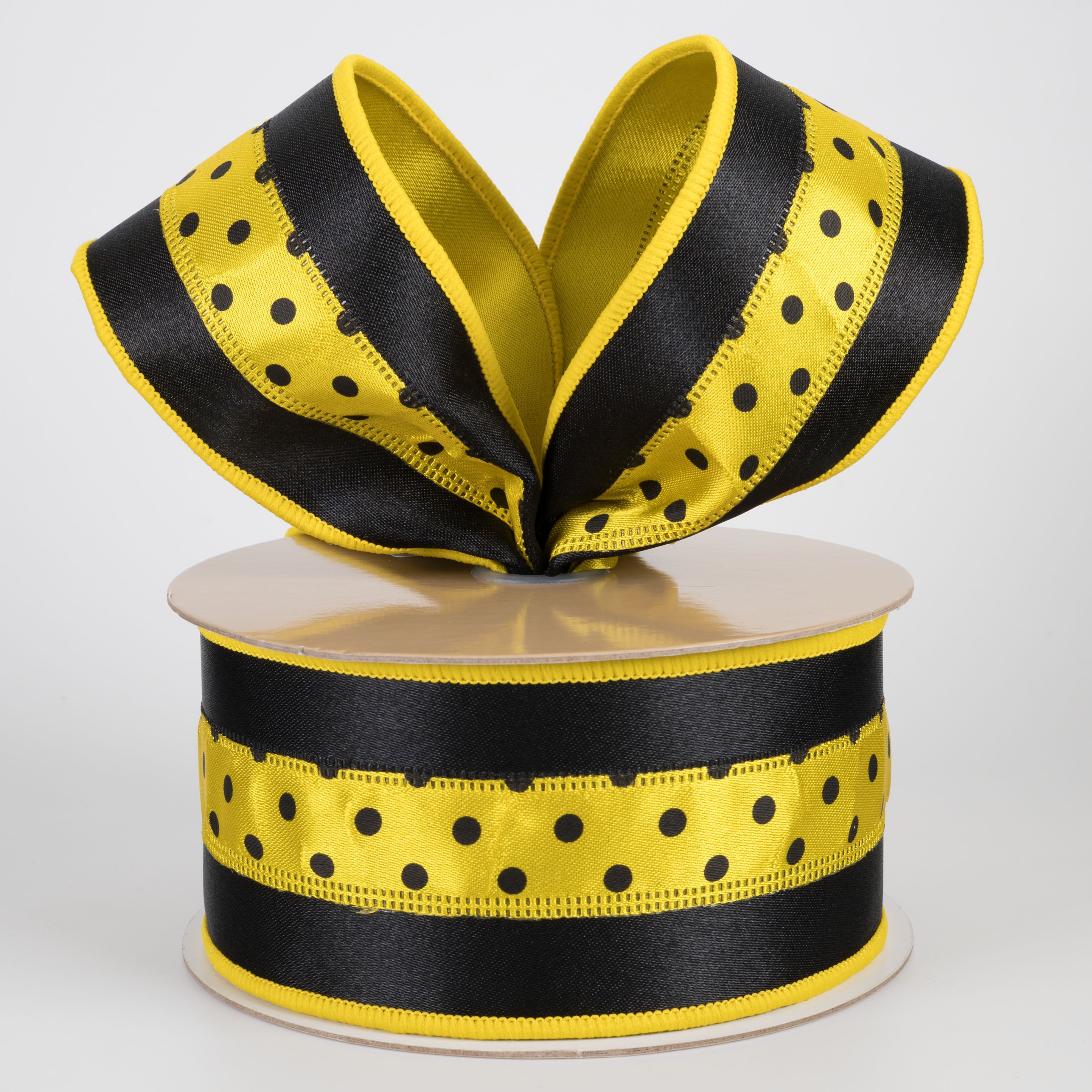 2.5" Double Sided Fused 3-in-1 Polka Dot Ribbon: Black & Yellow (10 Yards) Lifestyle Photo
