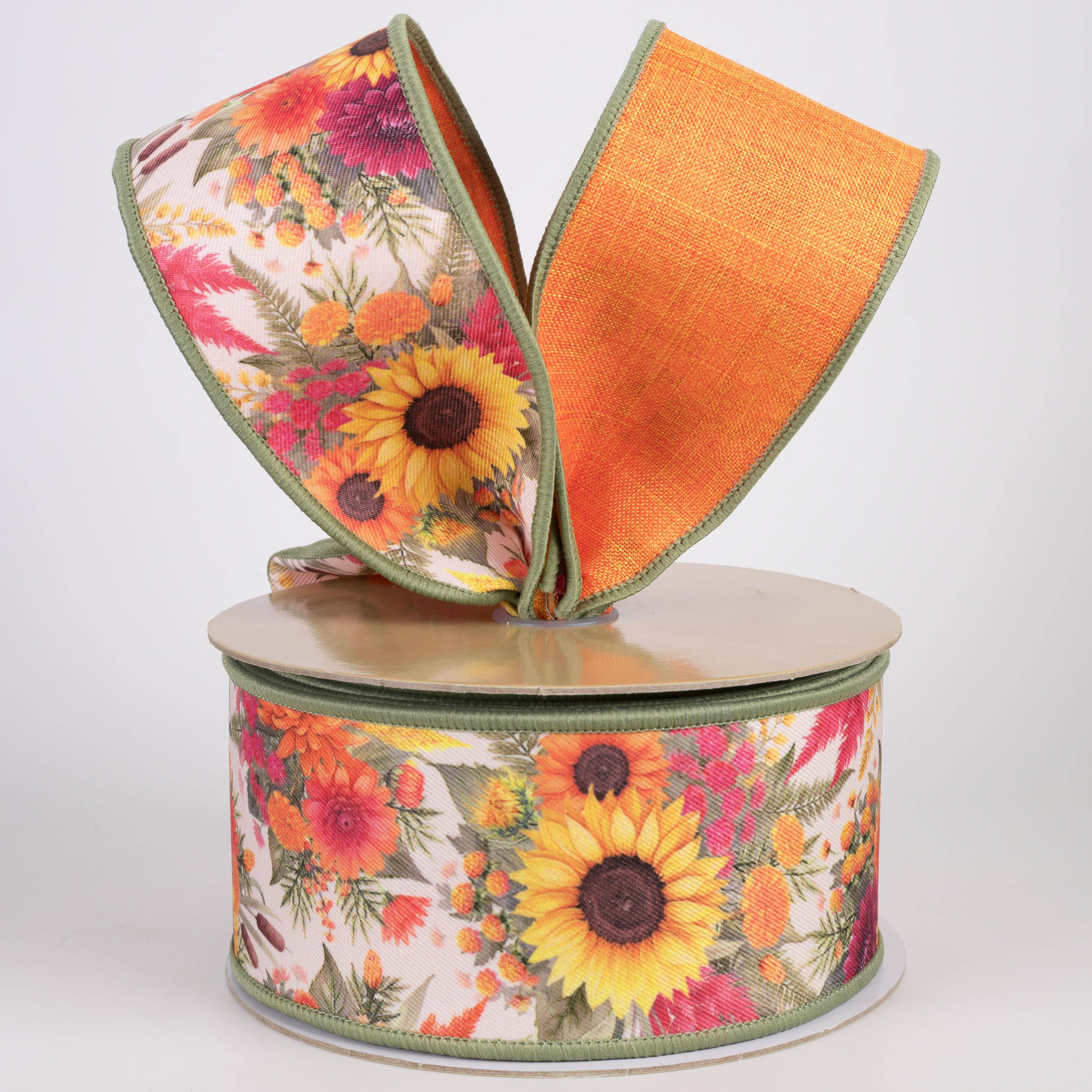 2.5" Double Sided Fused Autumn Flowers Ribbon: Moss & Orange (10 Yards) Lifestyle Photo