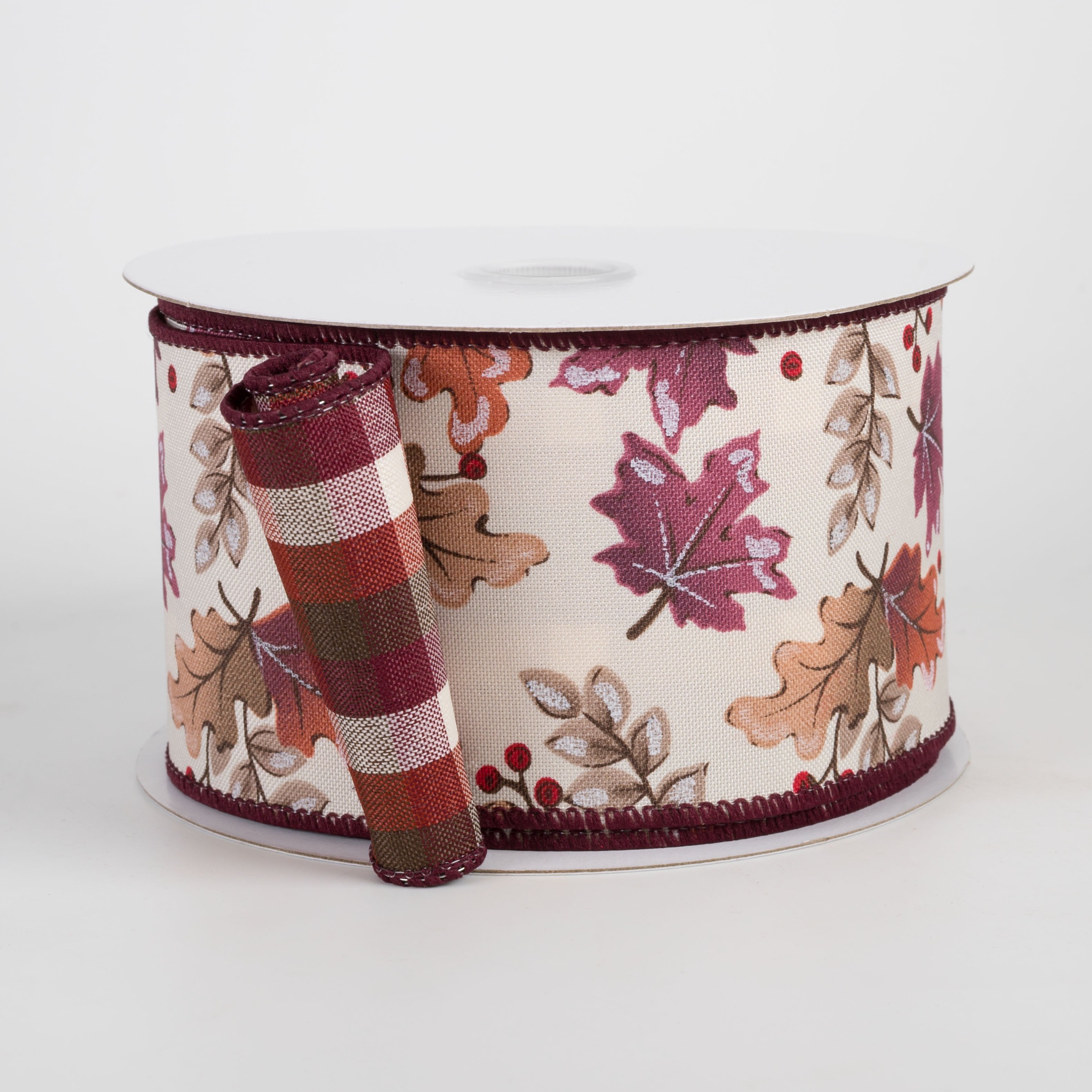 2.5" Double Sided Fused Autumn Leaves & Plaid Ribbon: Burgundy & Toffee (10 Yards) Item Number: D62601-40-10