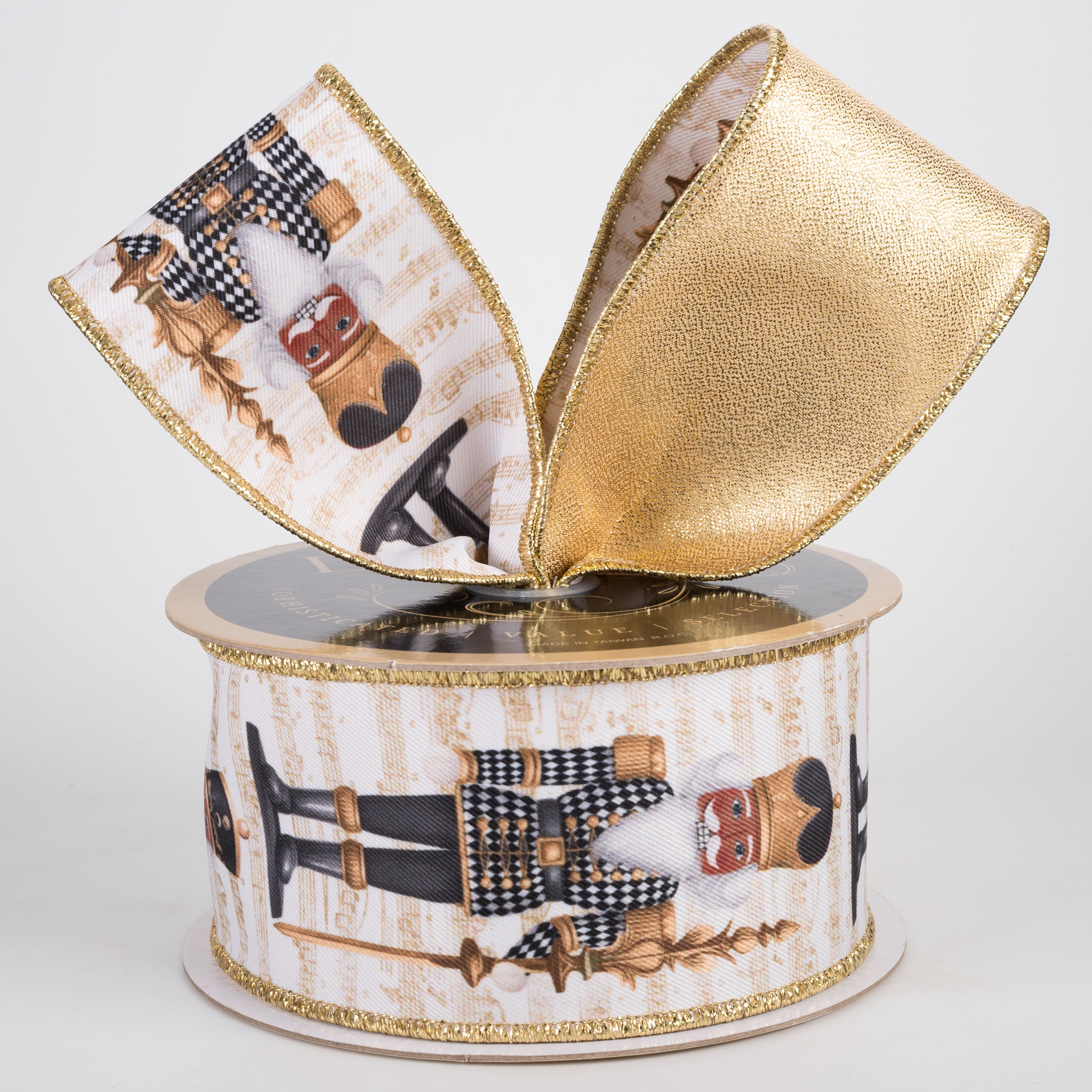 2.5" Double Sided Fused Brown Nutcracker Ribbon: Black Harlequin & Gold LamÃ© (10 Yards) Lifestyle Photo