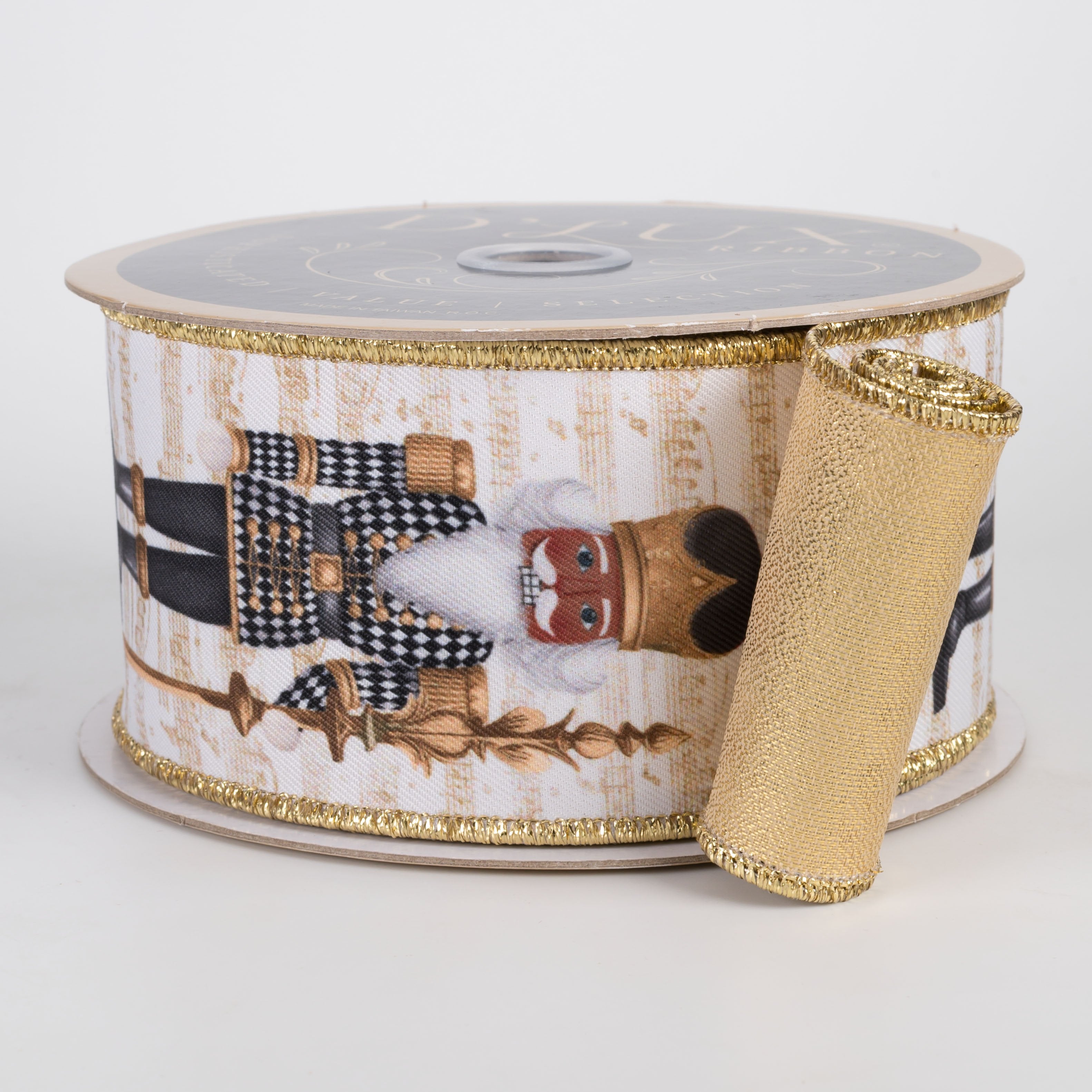 2.5" Double Sided Fused Brown Nutcracker Ribbon: Black Harlequin & Gold LamÃ© (10 Yards) Item Number: LX122402