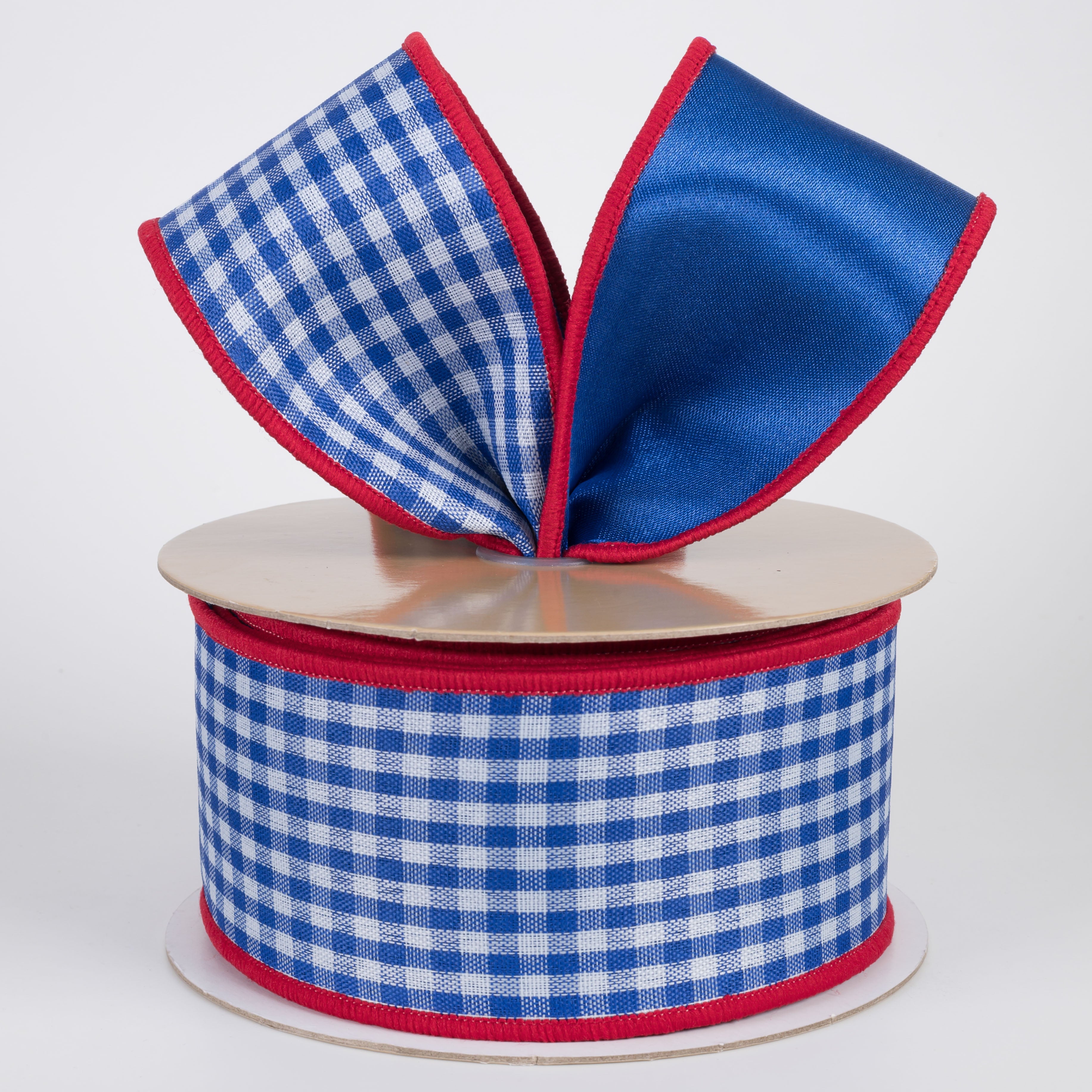2.5" Double Sided Fused Check & Satin Ribbon: Blue, White & Red (10 Yards) Lifestyle Photo