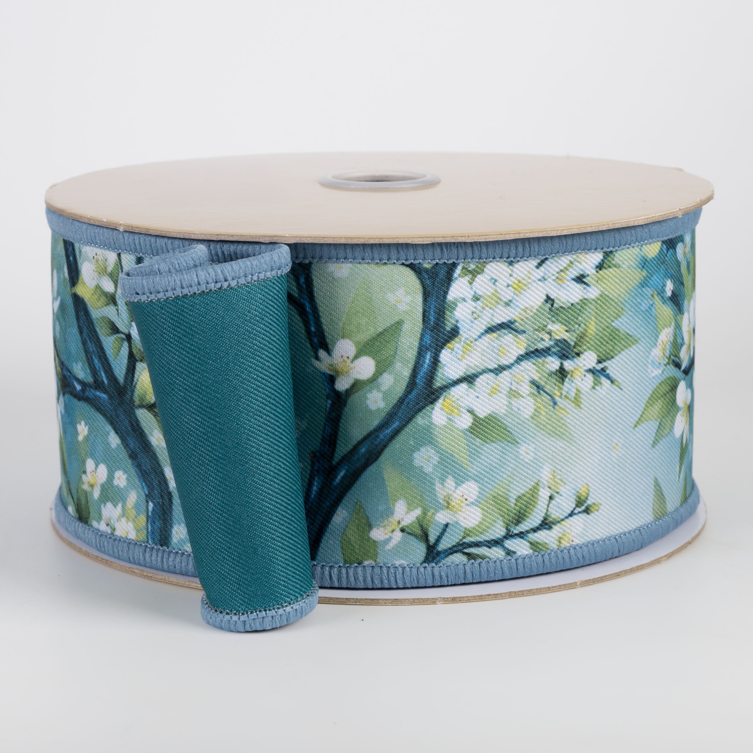 2.5" Double Sided Fused Cherry Blossoms Ribbon: Teal (10 Yards) Item Number: LX1265H2