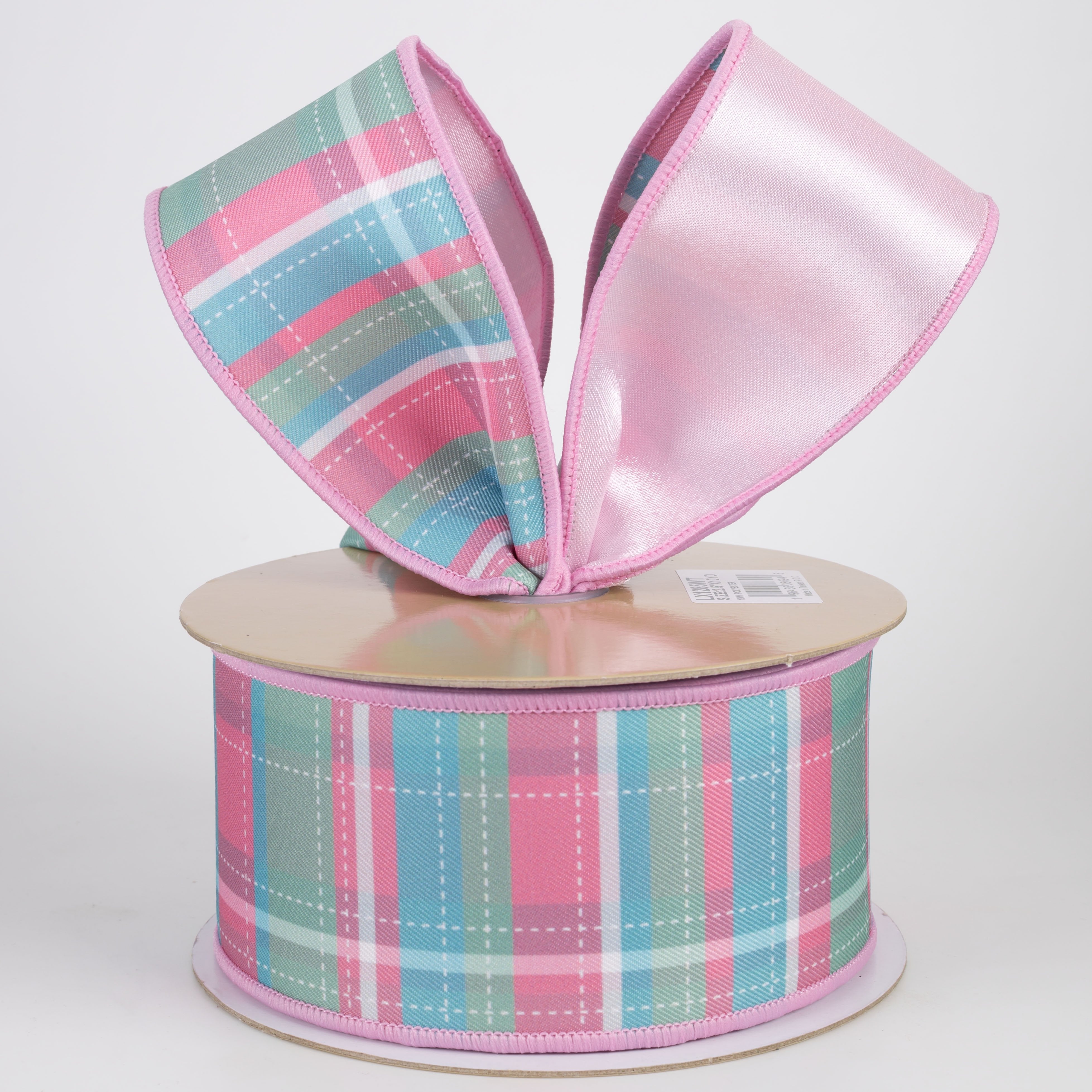 2.5" Double Sided Fused Dashed Plaid Ribbon: Pink & Mint (10 Yards) Lifestyle Photo