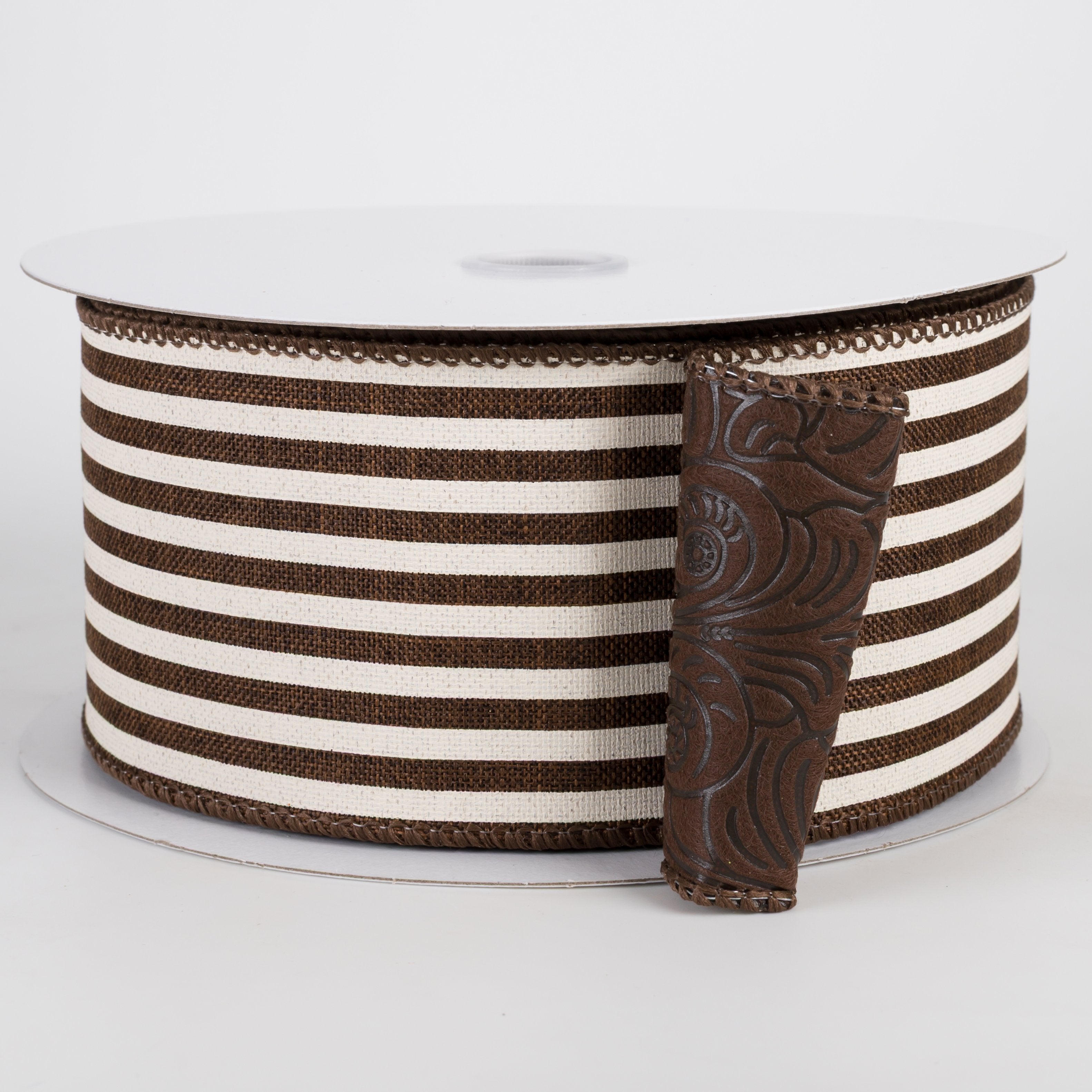2.5" Double Sided Fused Embossed Floral & Stripes Ribbon: Cream & Brown (10 Yards) Item Number: D61440-40-38