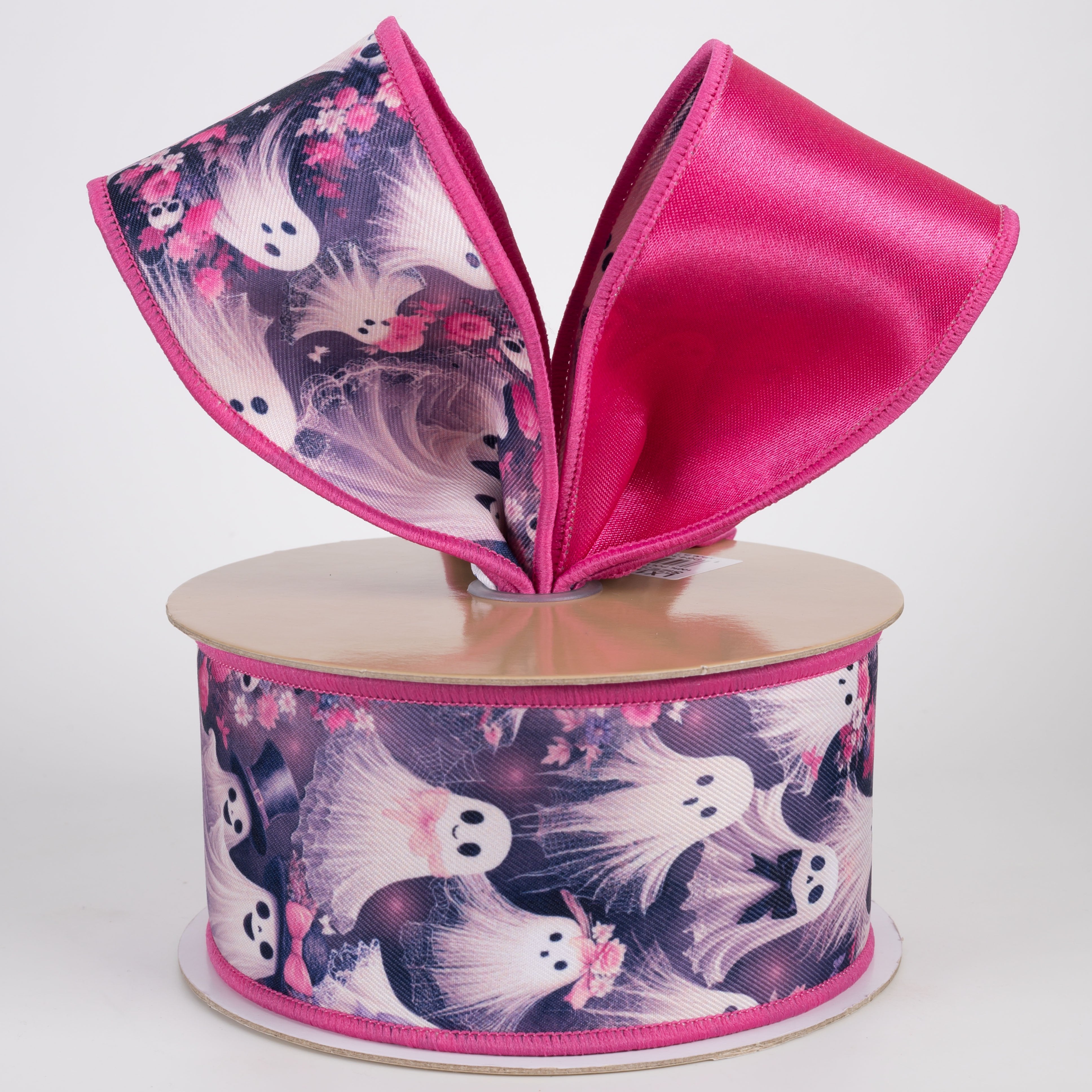 2.5" Double Sided Fused Fancy Ghosts & Floral Skulls Ribbon: Hot Pink (10 Yards) Lifestyle Photo