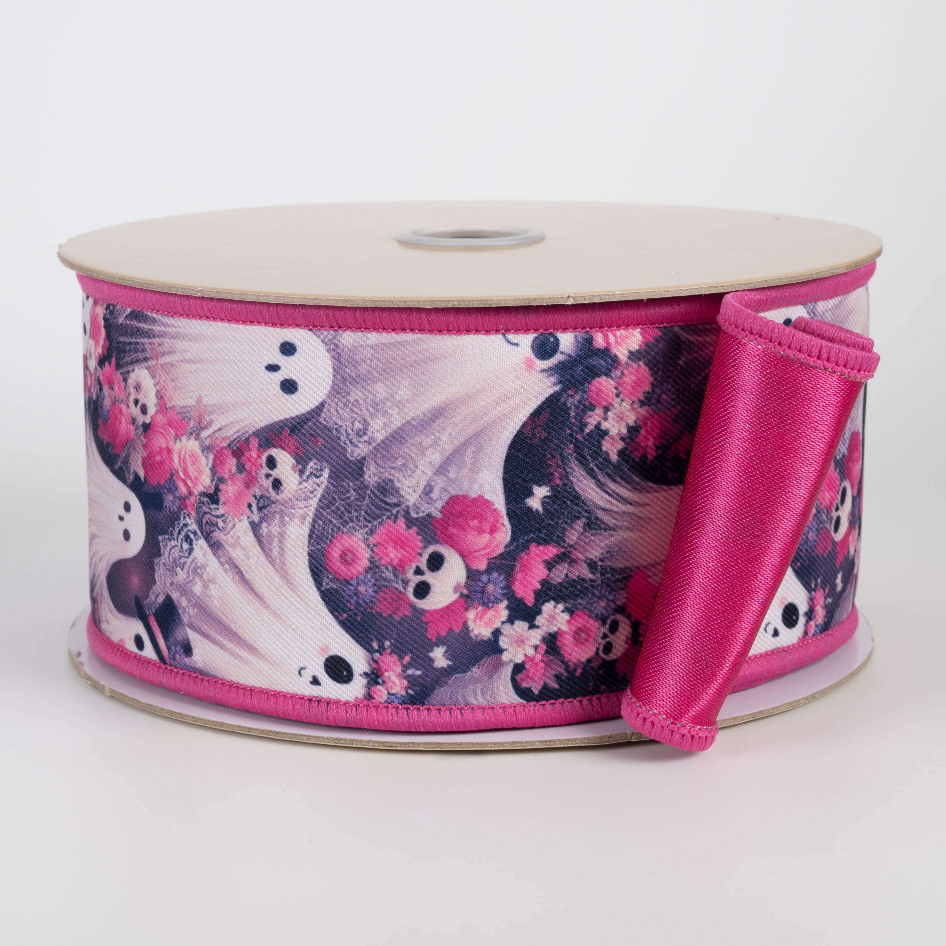 2.5" Double Sided Fused Fancy Ghosts & Floral Skulls Ribbon: Hot Pink (10 Yards) Item Number: LX1291J6