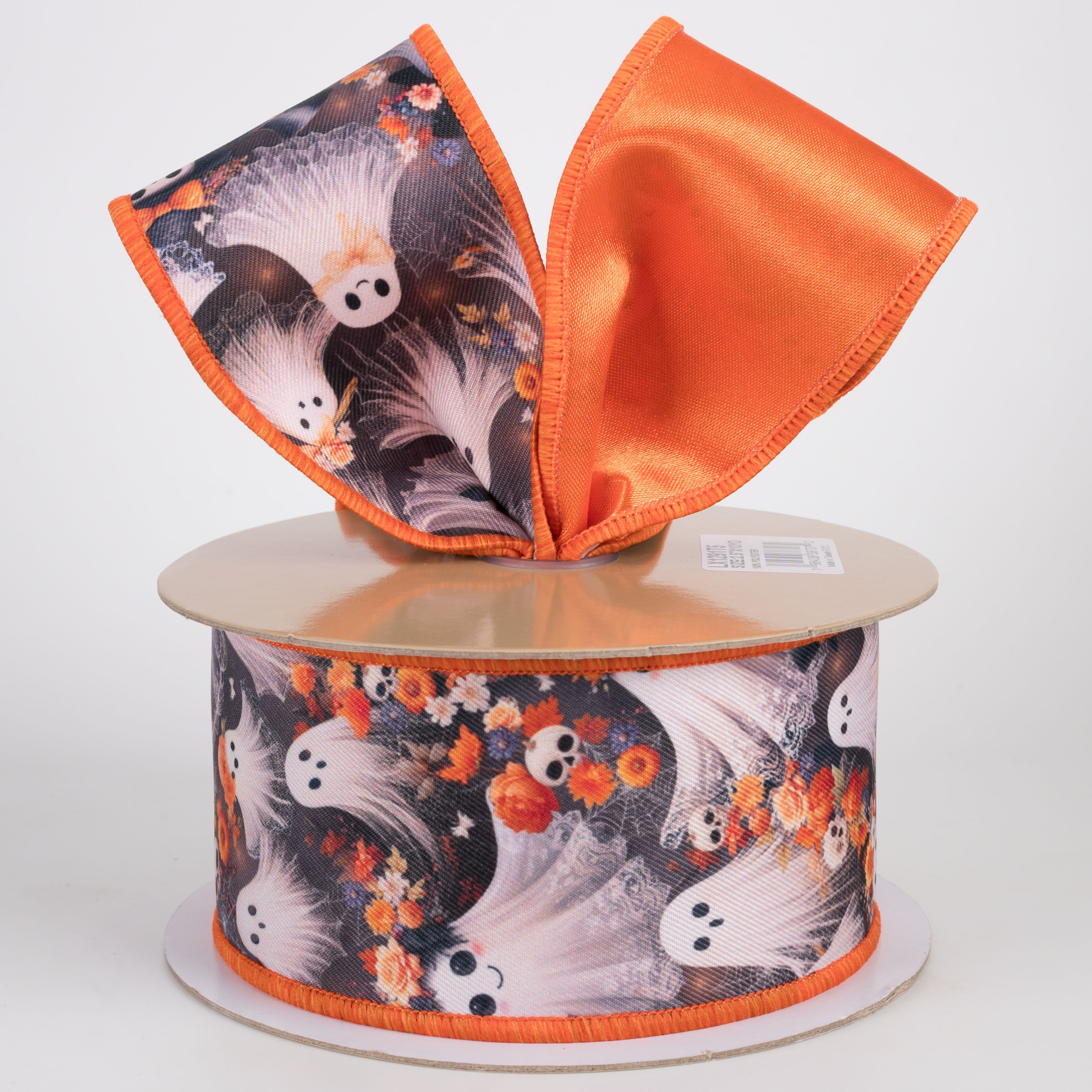 2.5" Double Sided Fused Fancy Ghosts & Floral Skulls Ribbon: Orange (10 Yards) Lifestyle Photo