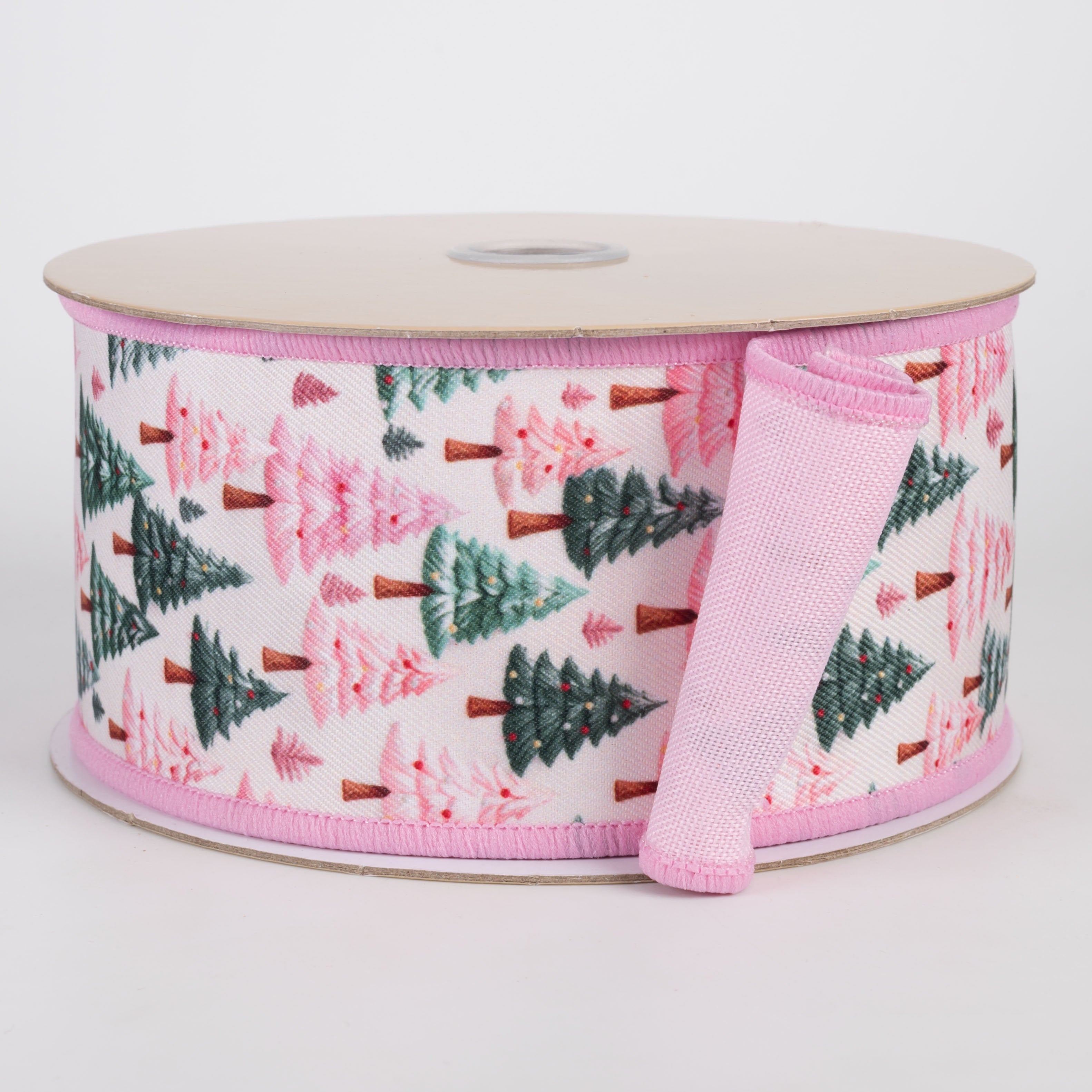 2.5" Double Sided Fused Festive Christmas Trees Ribbon: Ivory & Pink (10 Yards) Item Number: LX1277RT