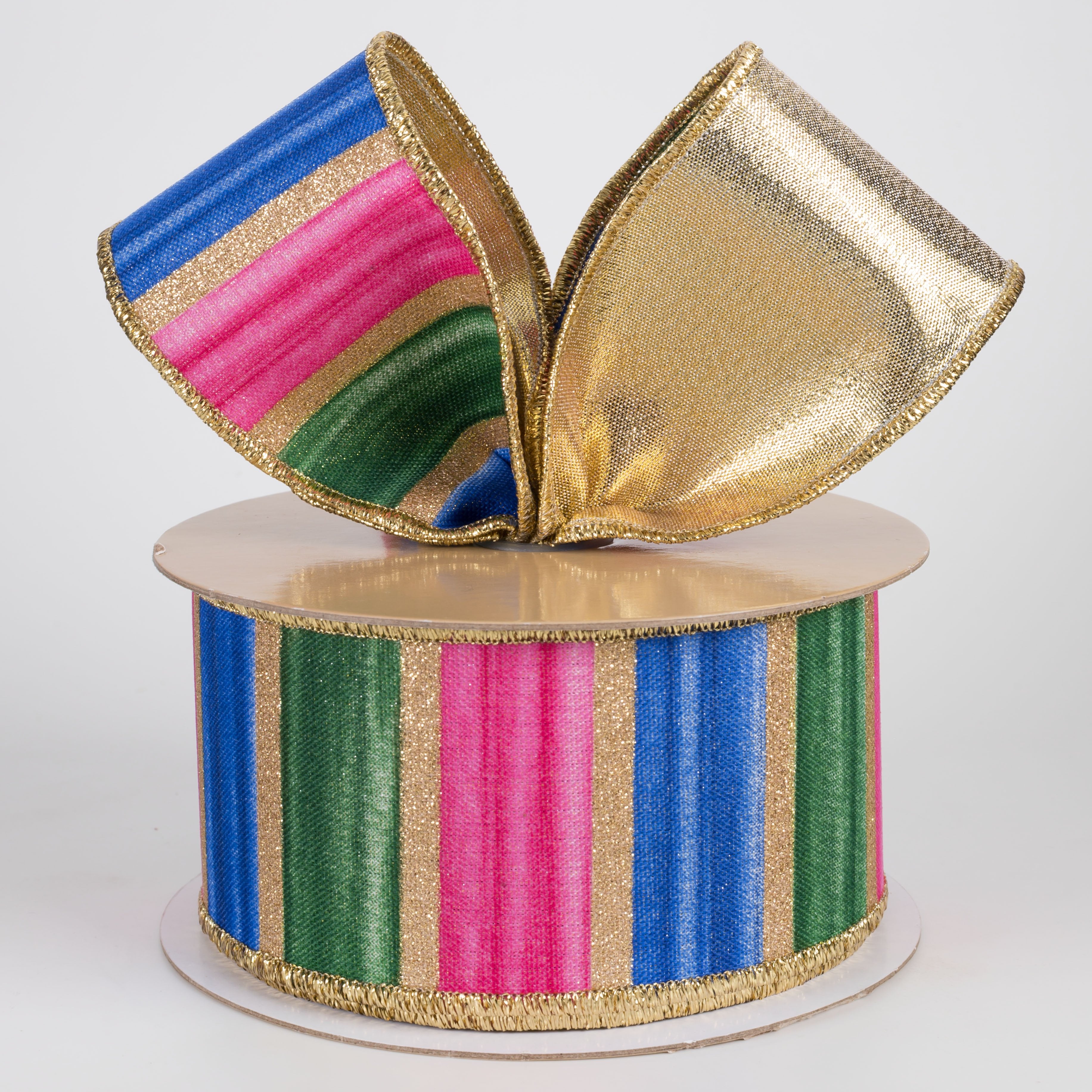 2.5" Double Sided Fused Glittered Watercolor Stripes Ribbon: Blue, Fuchsia & Green (10 Yards) Lifestyle Photo