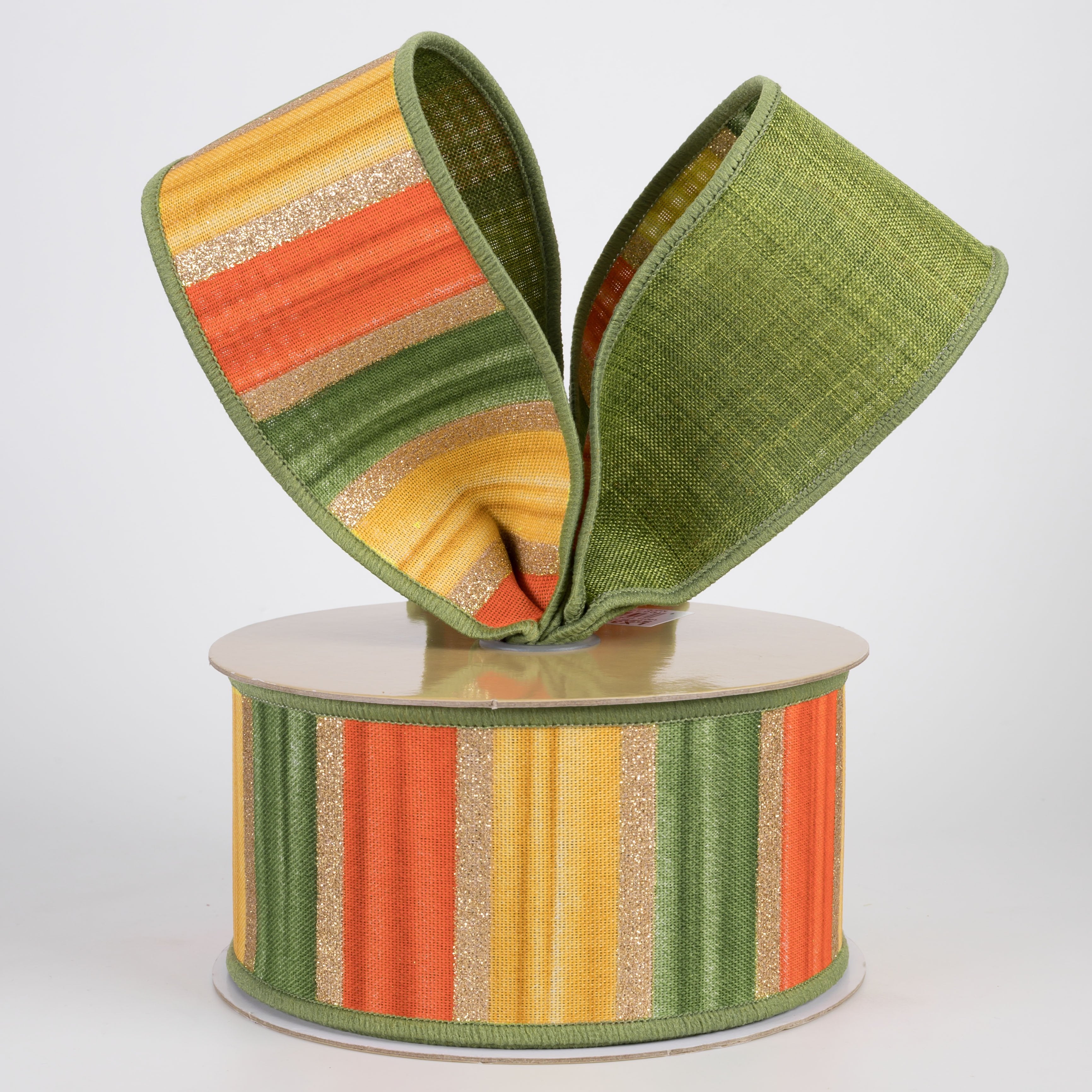 2.5" Double Sided Fused Glittered Watercolor Stripes Ribbon: Moss, Orange & Mustard (10 Yards) Lifestyle Photo
