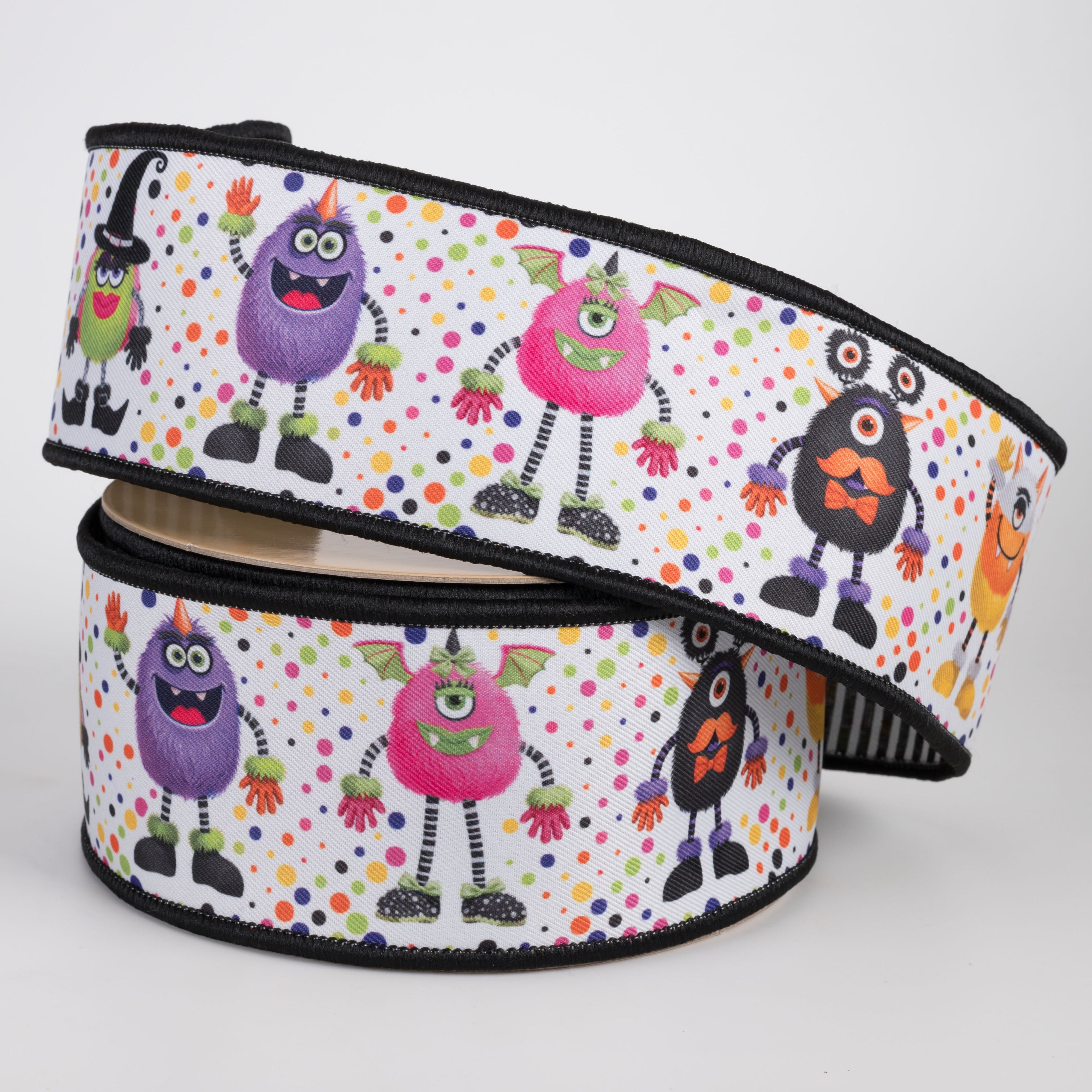 2.5" Double Sided Fused Halloween Monsters Ribbon: Black & White Stripe (10 Yards) detail photo 3