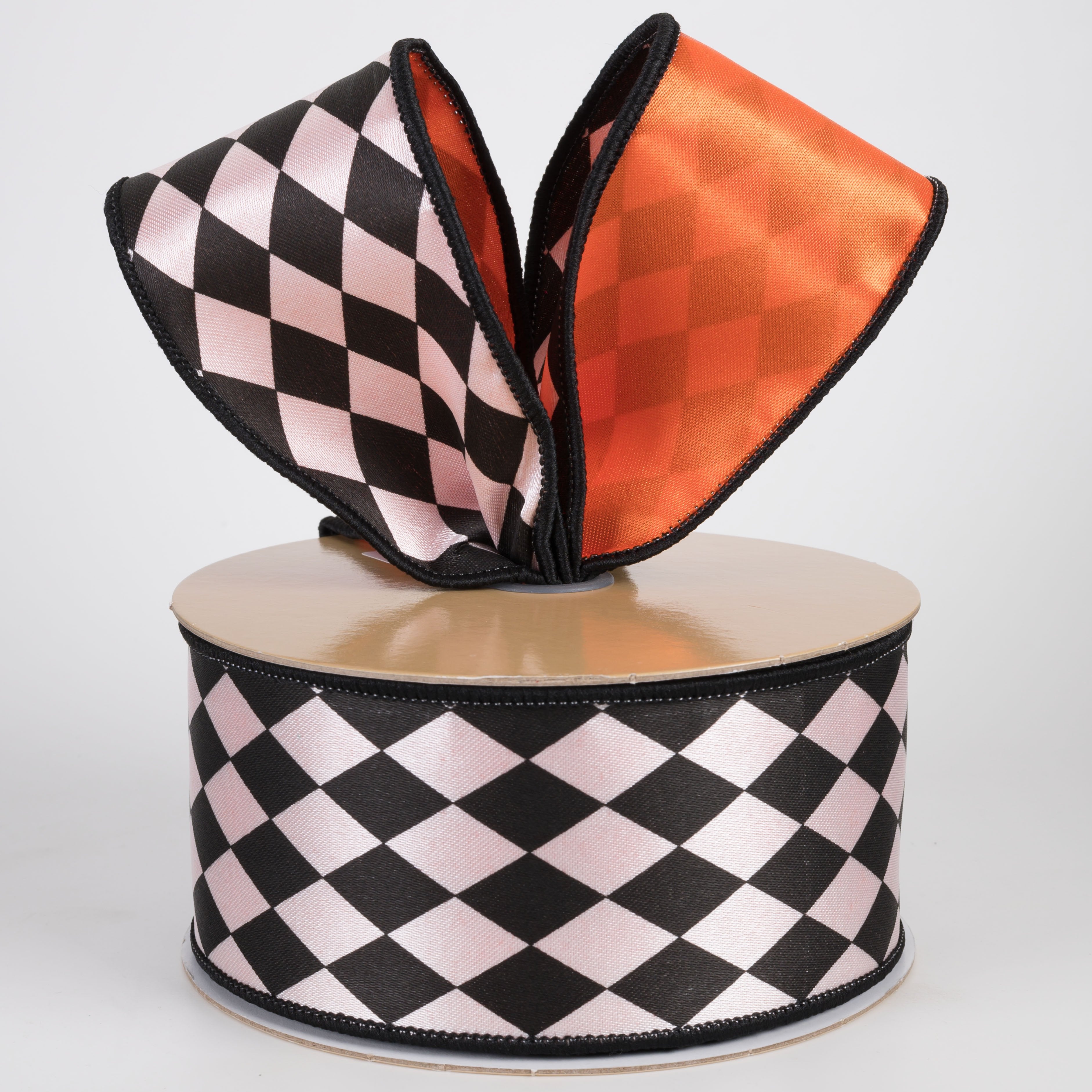 2.5" Double Sided Fused Harlequin Ribbon: Orange, Black & White (10 Yards) Lifestyle Photo
