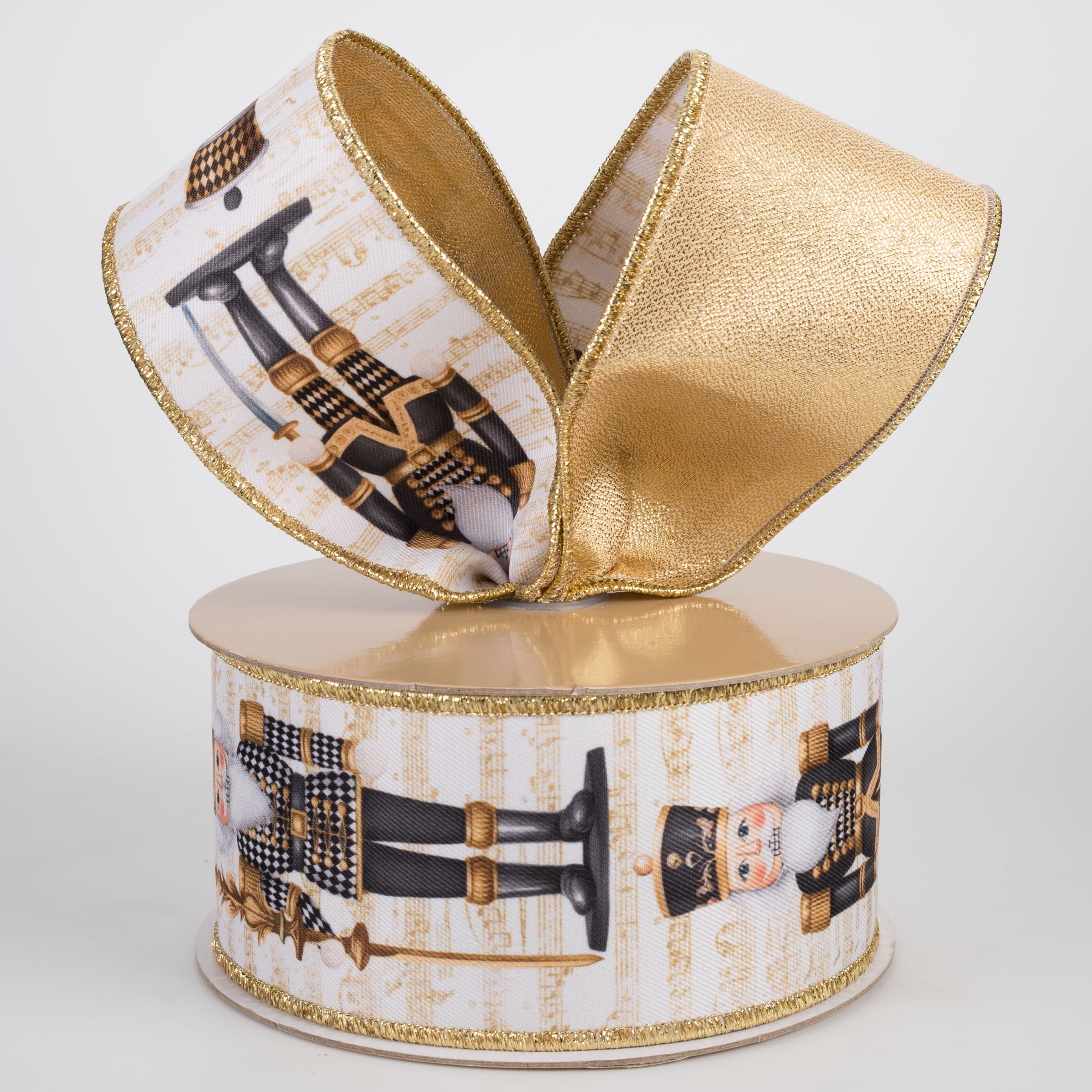 2.5" Double Sided Fused Nutcracker Ribbon: Black Harlequin & Gold LamÃ© (10 Yards) Lifestyle Photo