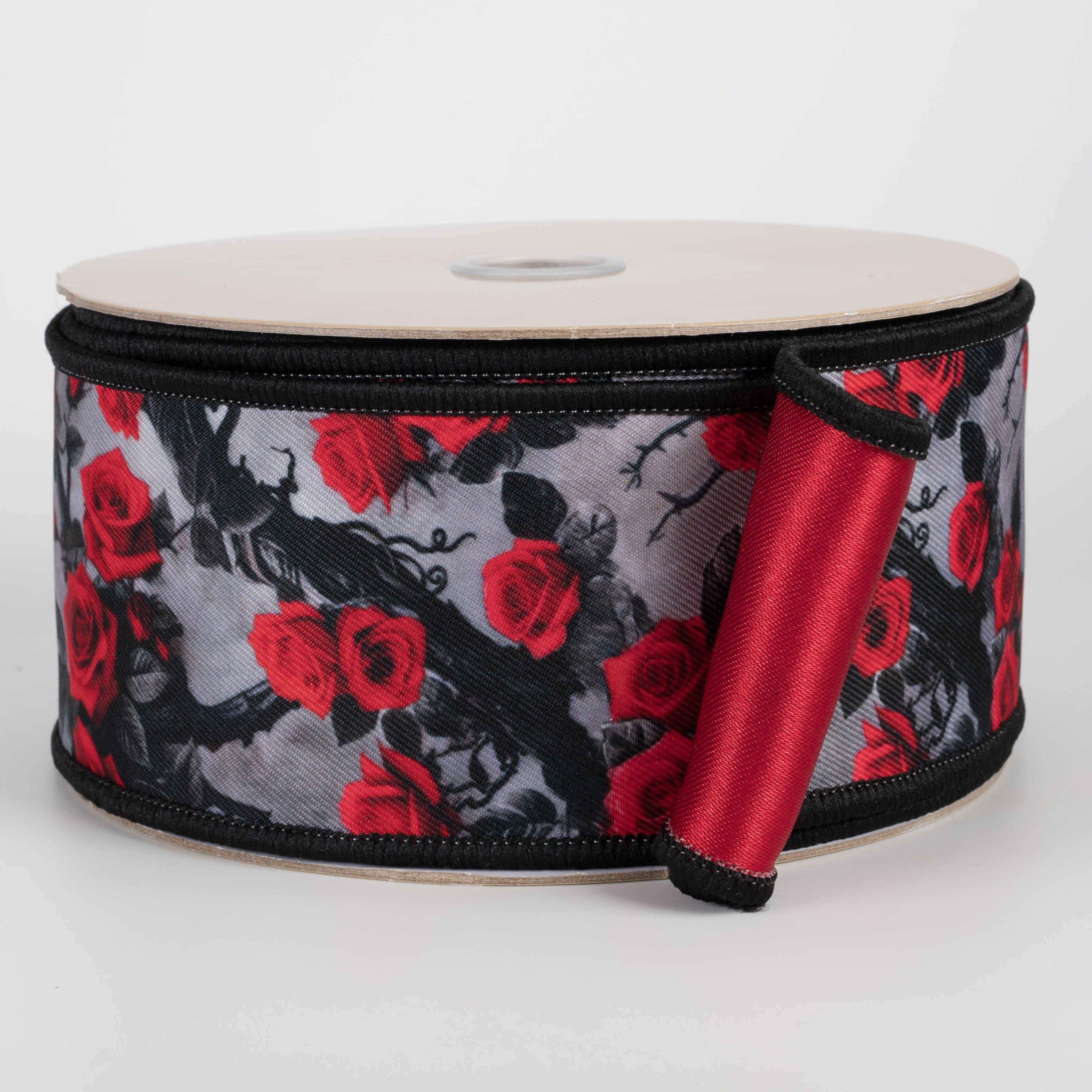 2.5" Double Sided Fused Roses & Vines Ribbon: Red & Black (10 Yards) Item Number: LX125924