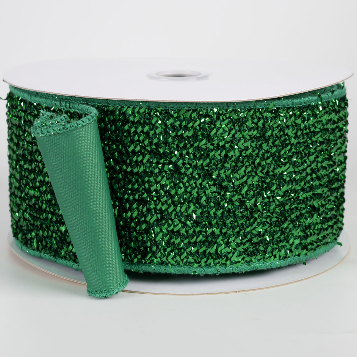 2.5" Double Sided Fused Tinsel Loop & Satin Ribbon: Emerald Green (10 Yards) Item Number: LX701306