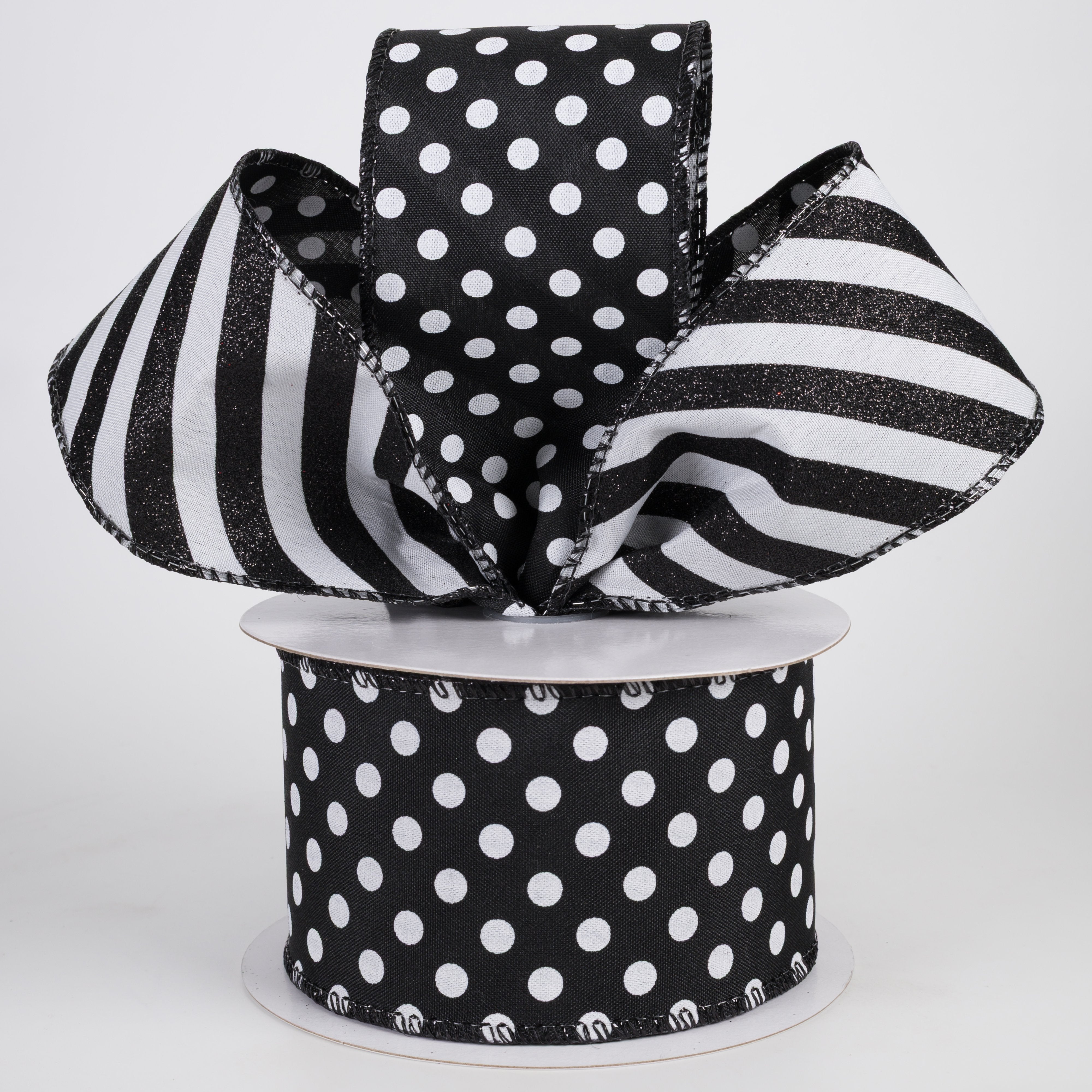 2.5" Double Sided Satin Dots & Glitter Candy Cane Stripes Ribbon: Black & White (10 Yards) Lifestyle Photo