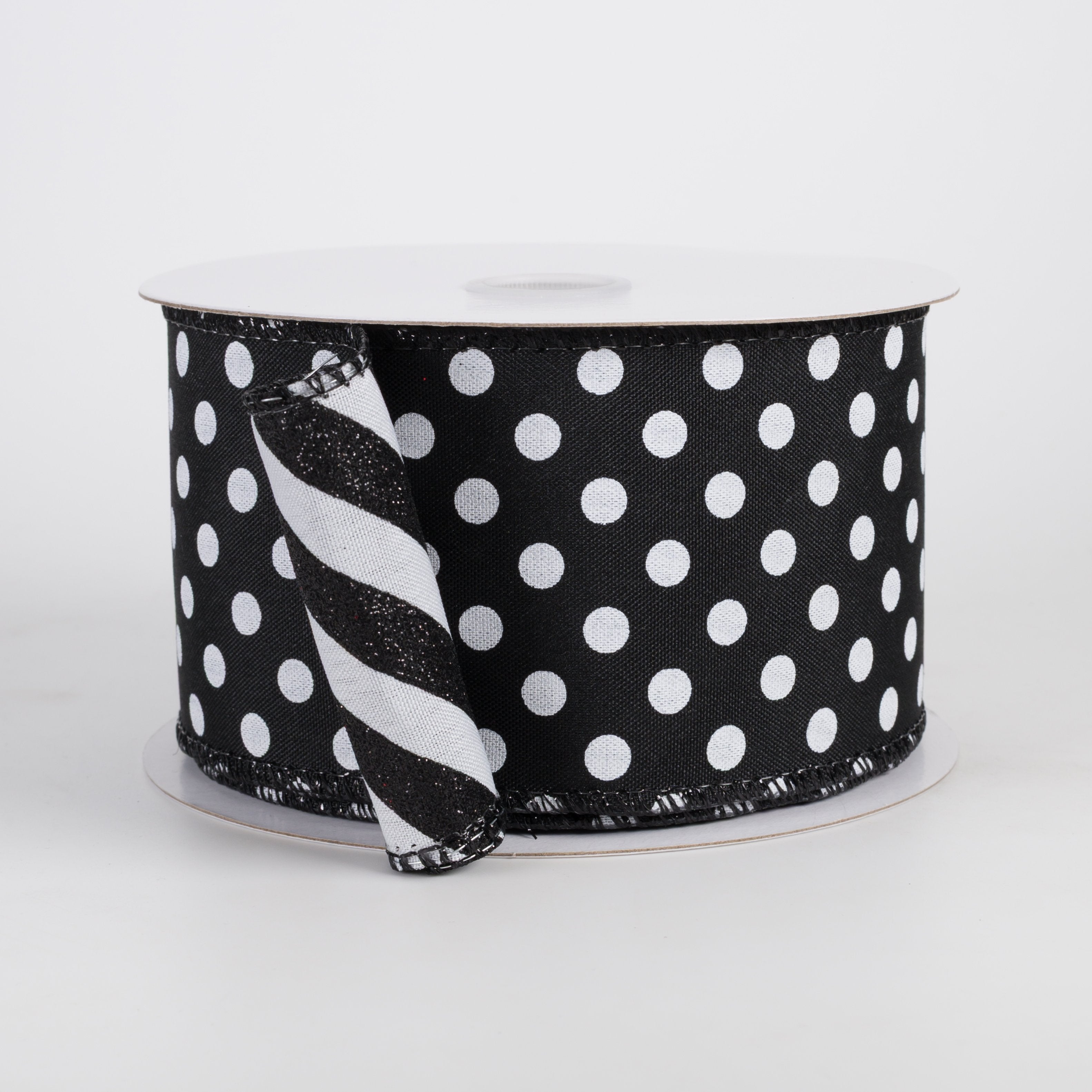 2.5" Double Sided Satin Dots & Glitter Candy Cane Stripes Ribbon: Black & White (10 Yards) Item Number: D73582-40-20