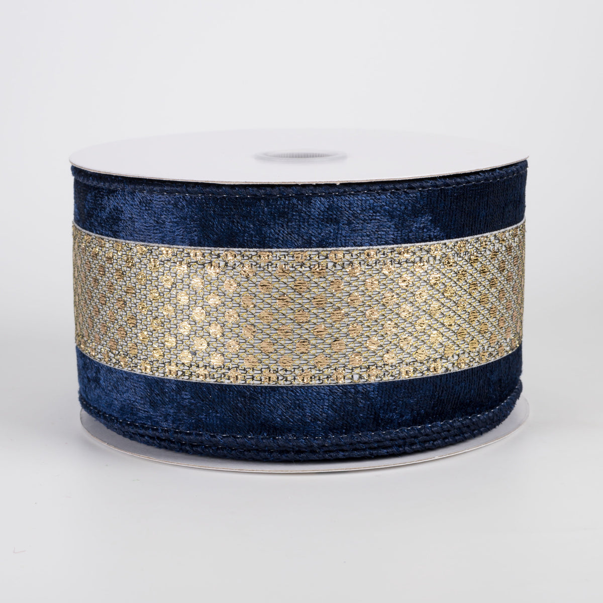 2.5" Dragonscale Dots Velvet Edge Ribbon: Gold & Navy (10 Yards) Item Number: 76638-40-27