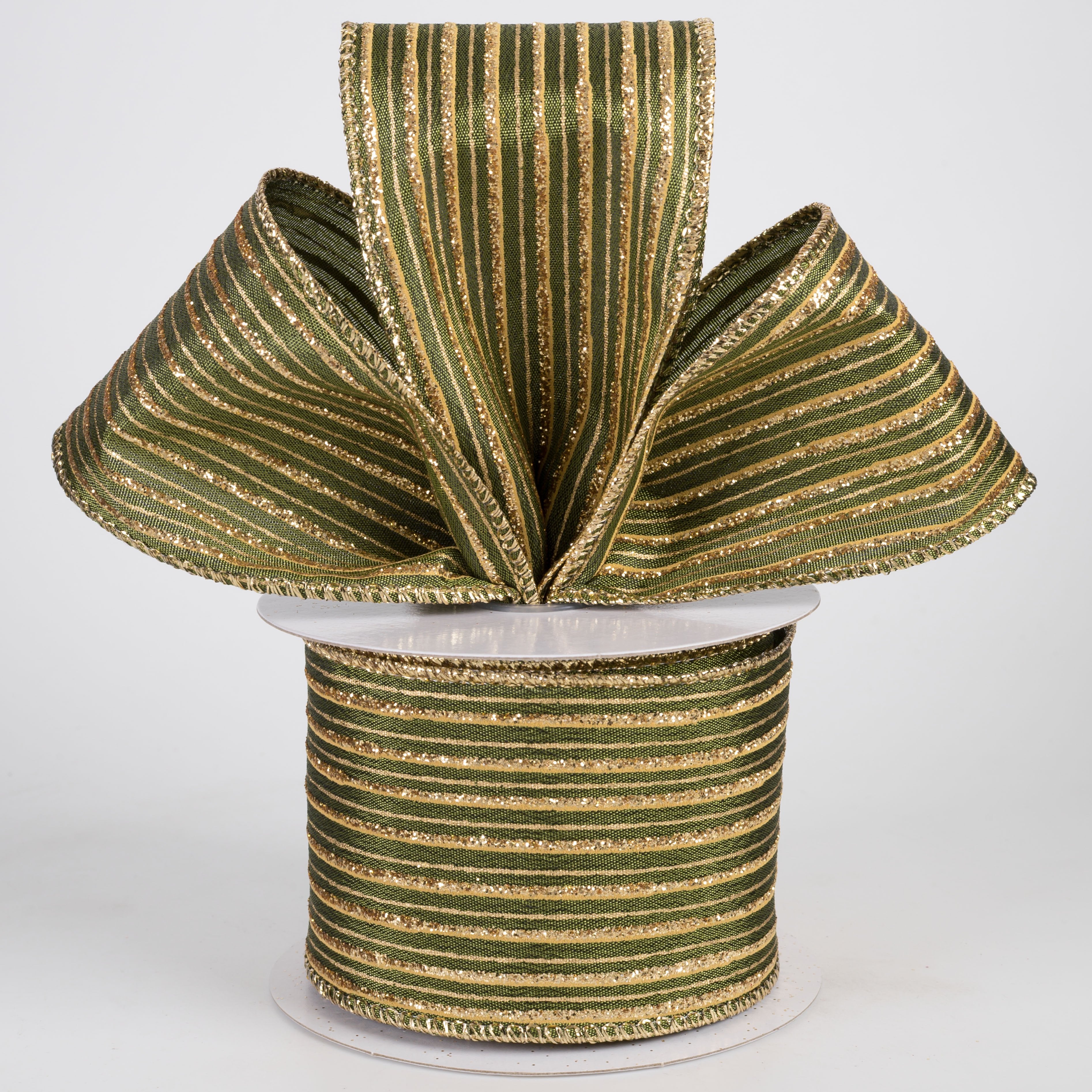 2.5" Dual Gold Stripes Satin Ribbon: Moss Green (10 Yards) Lifestyle Photo
