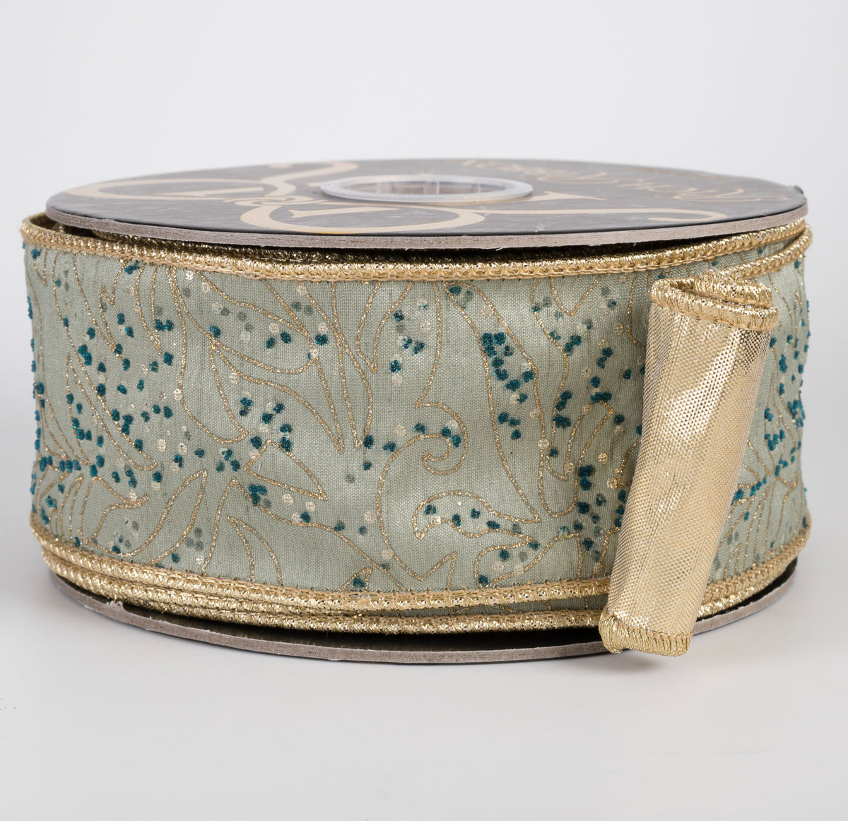2.5" Fern Leaf Glitter Print Dupioni Ribbon with Metallic Back: Sage Green & Gold (10 Yards) Item Number: RR0035
