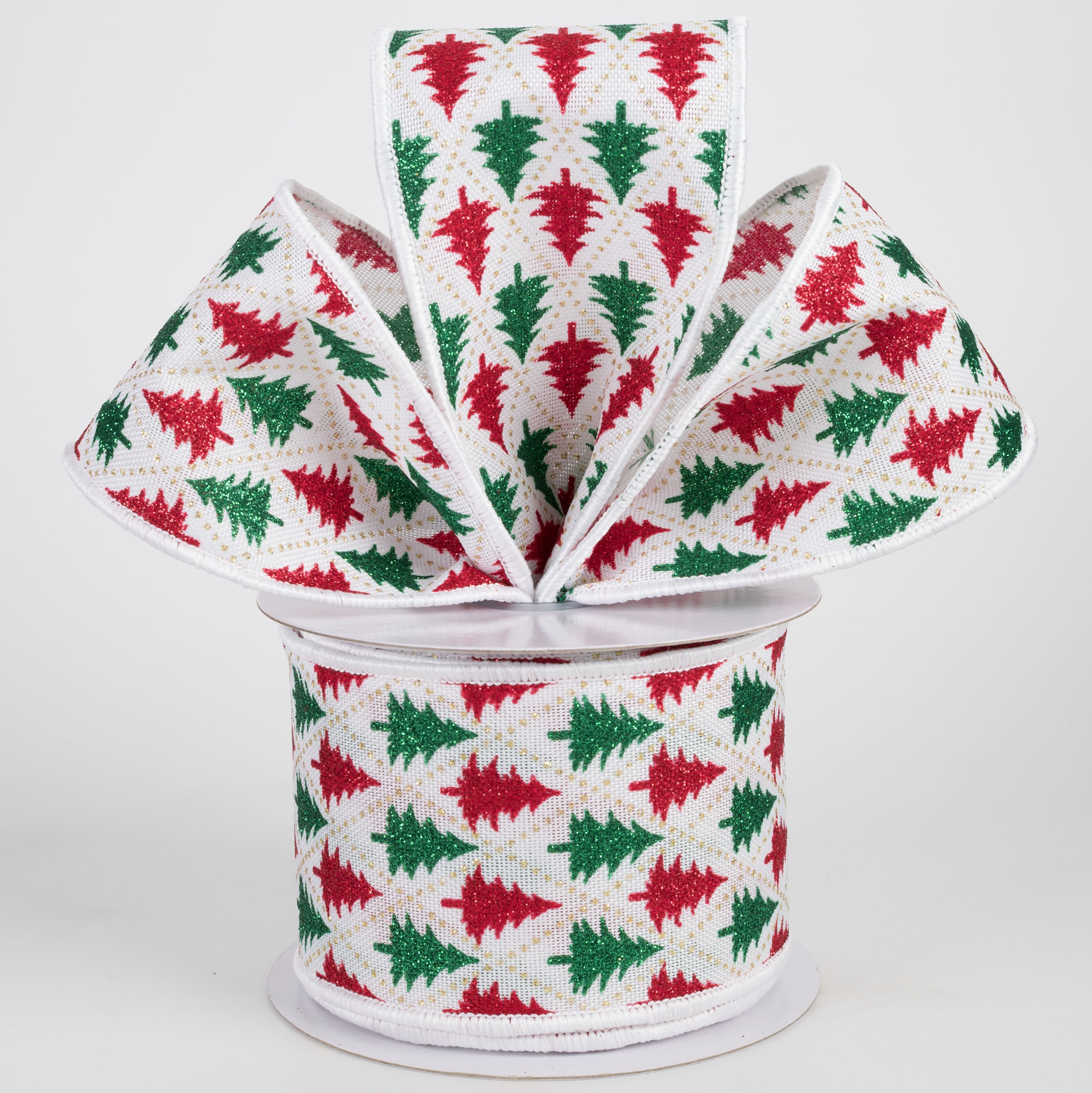 2.5" Glitter Christmas Tree Harlequin Ribbon: Red & Emerald (10 Yards) Lifestyle Photo
