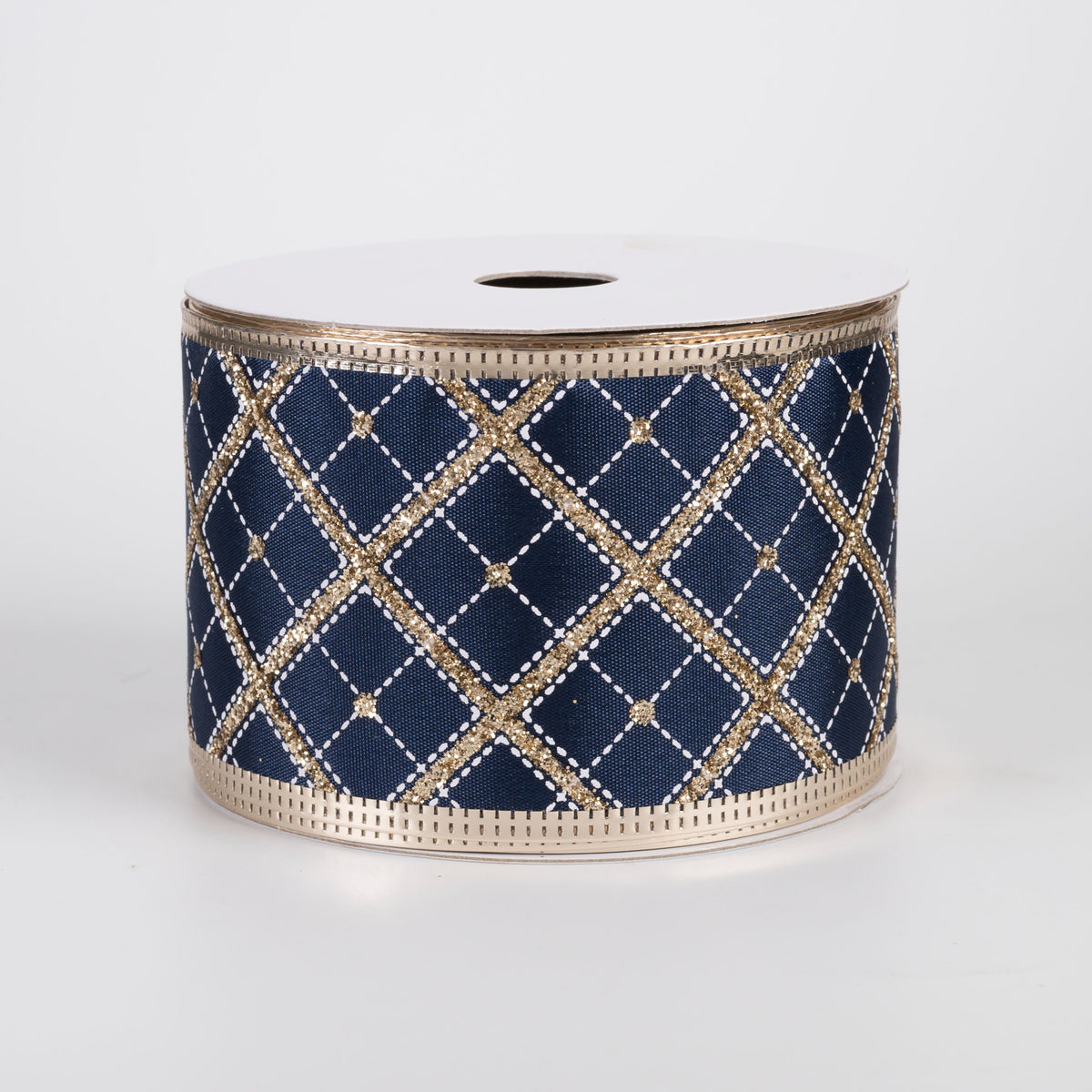 2.5" Glitter Cross Diagonal Plaid Ribbon: Gold on Navy (10 Yards) Item Number: 76341-40-14