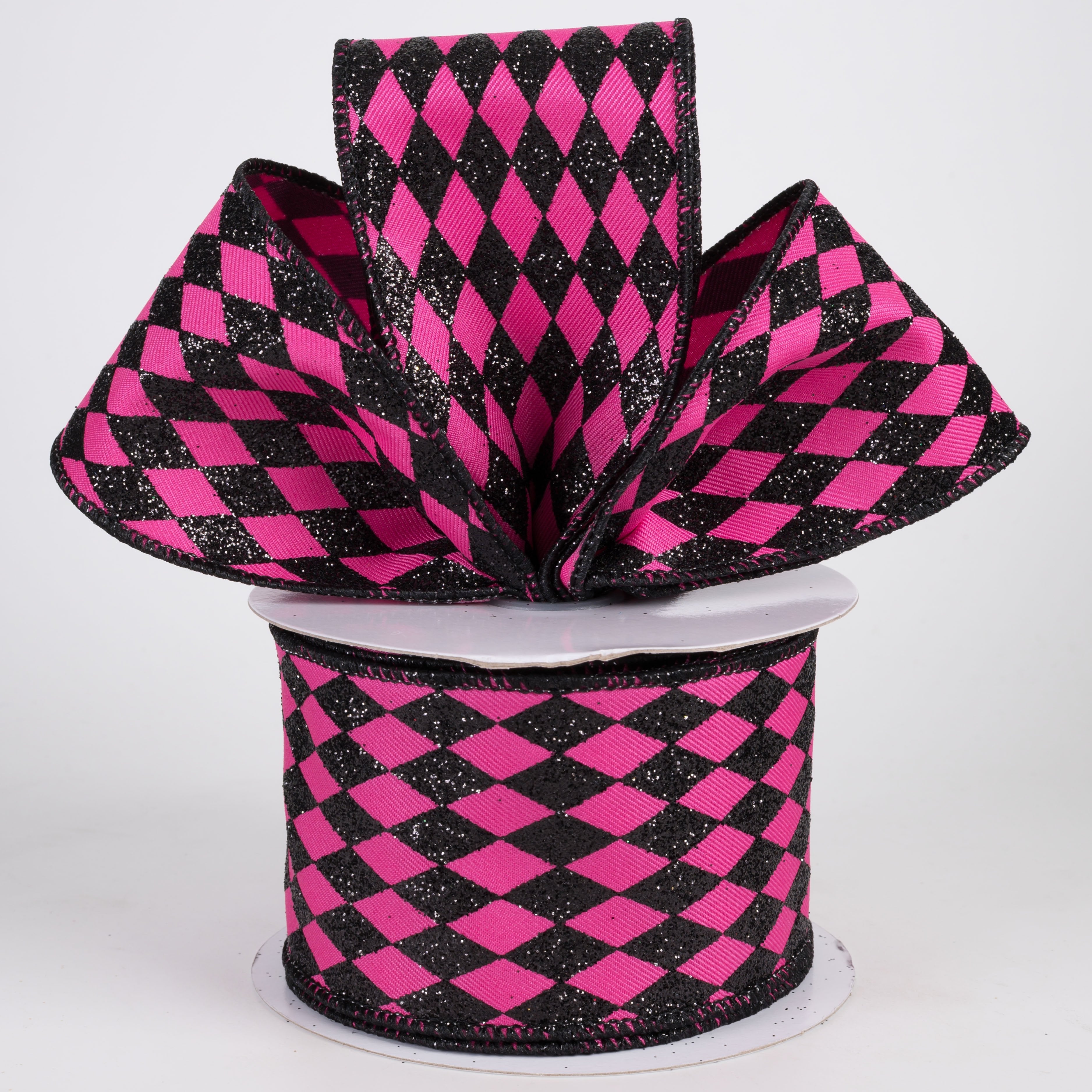 2.5" Glitter Harlequin Ribbon: Black on Fuchsia Pink (10 Yards) Lifestyle Photo