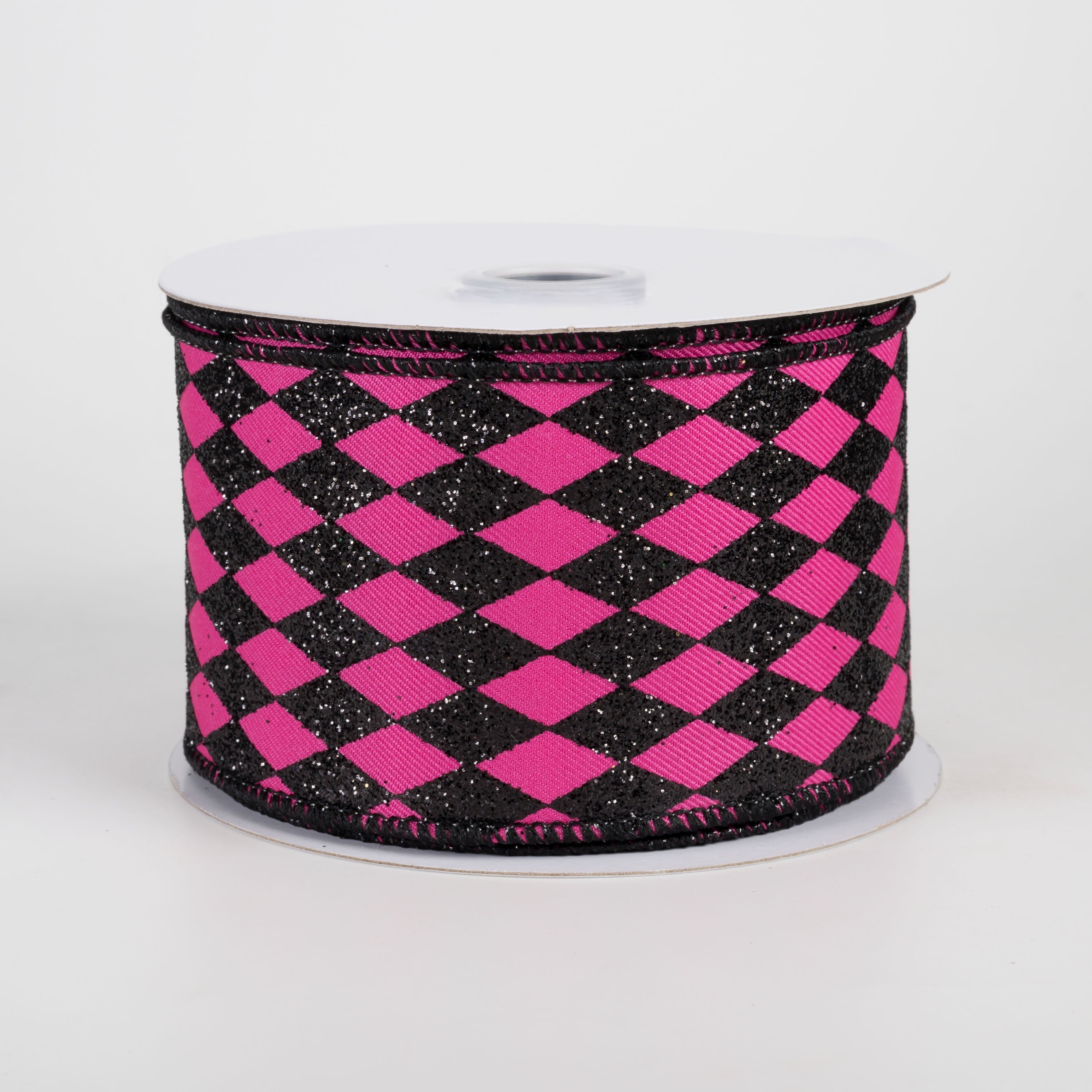 2.5" Glitter Harlequin Ribbon: Black on Fuchsia Pink (10 Yards) Item Number: RGH151583