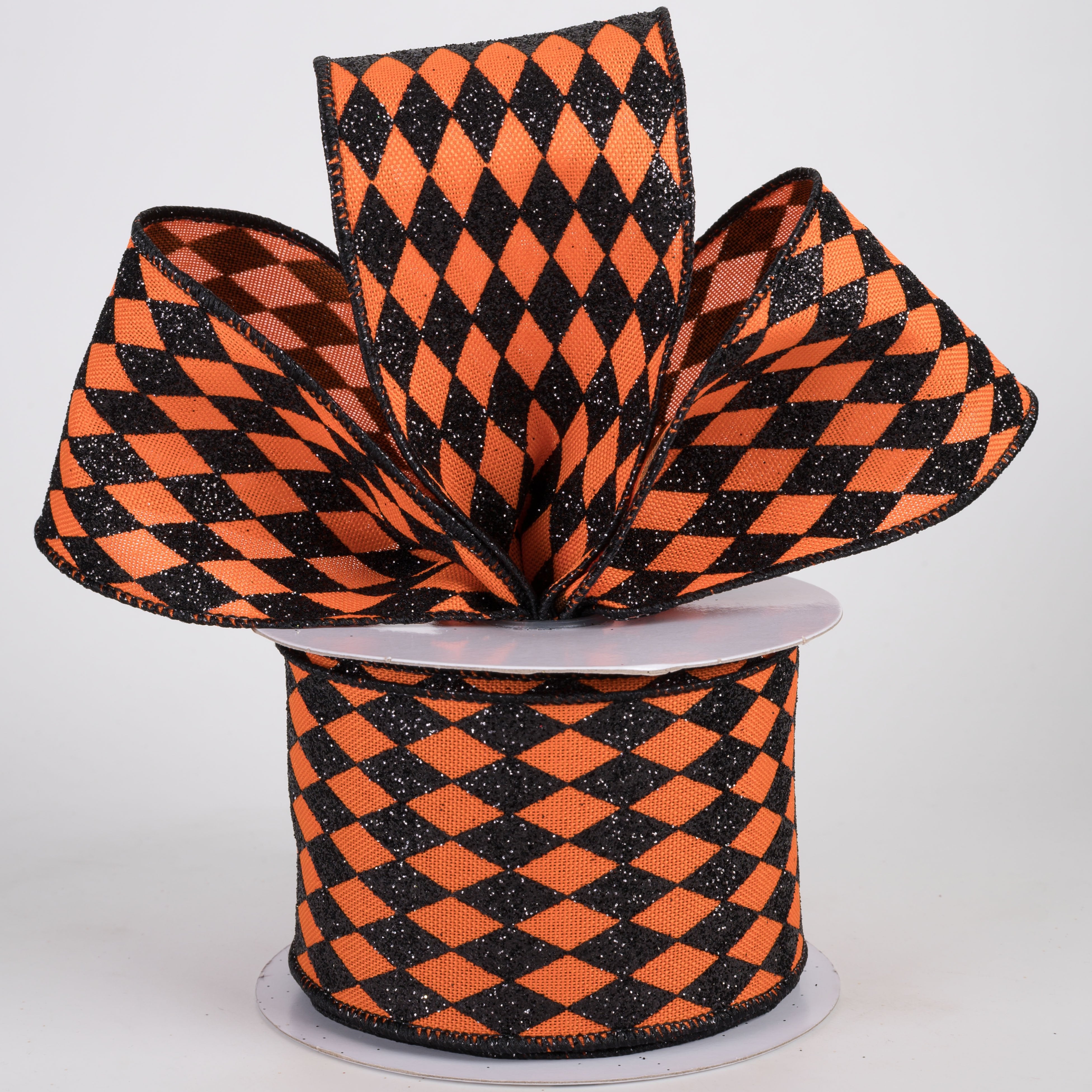2.5" Glitter Harlequin Ribbon: Black on Orange (10 Yards) Lifestyle Photo
