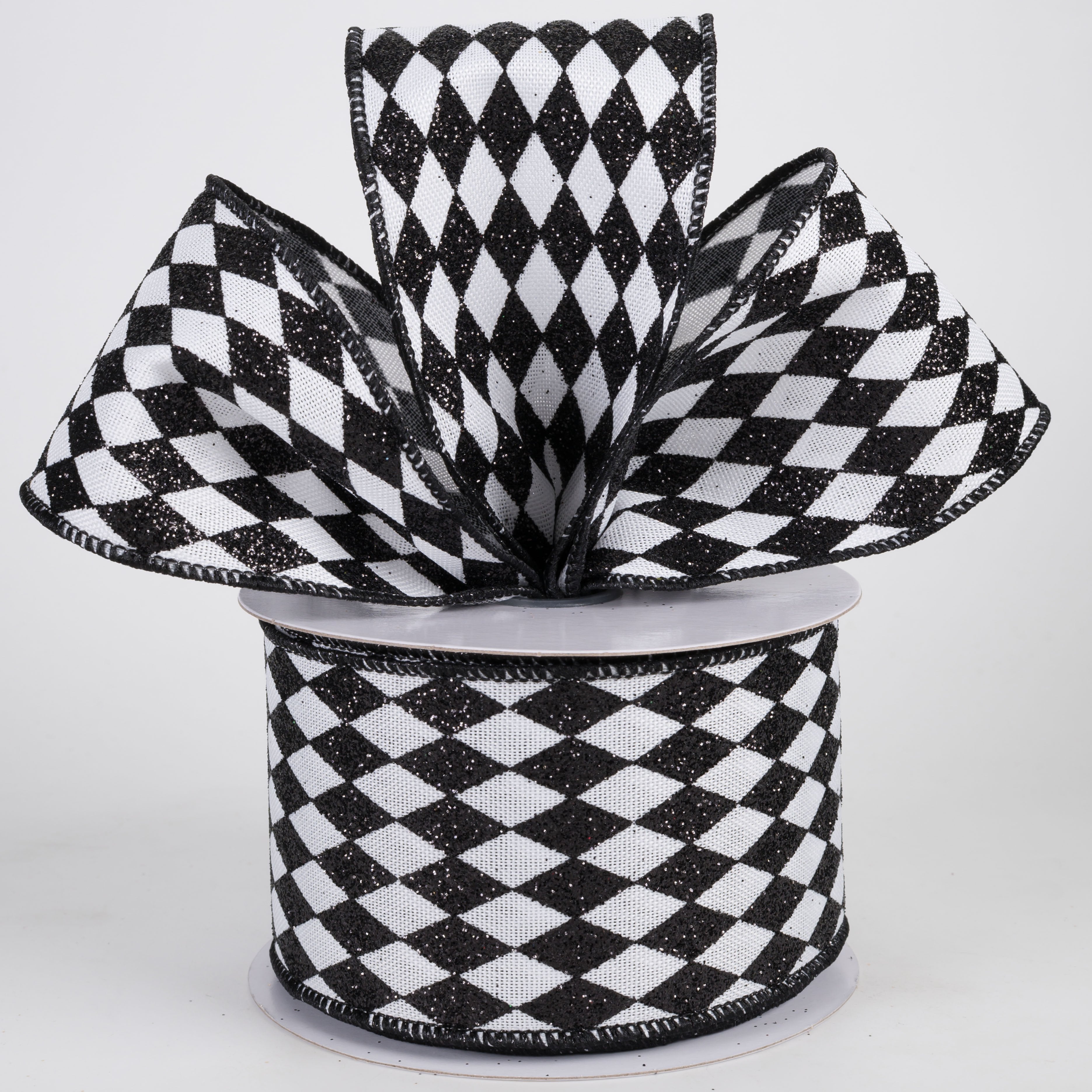 2.5" Glitter Harlequin Ribbon: Black on White (10 Yards) Lifestyle Photo