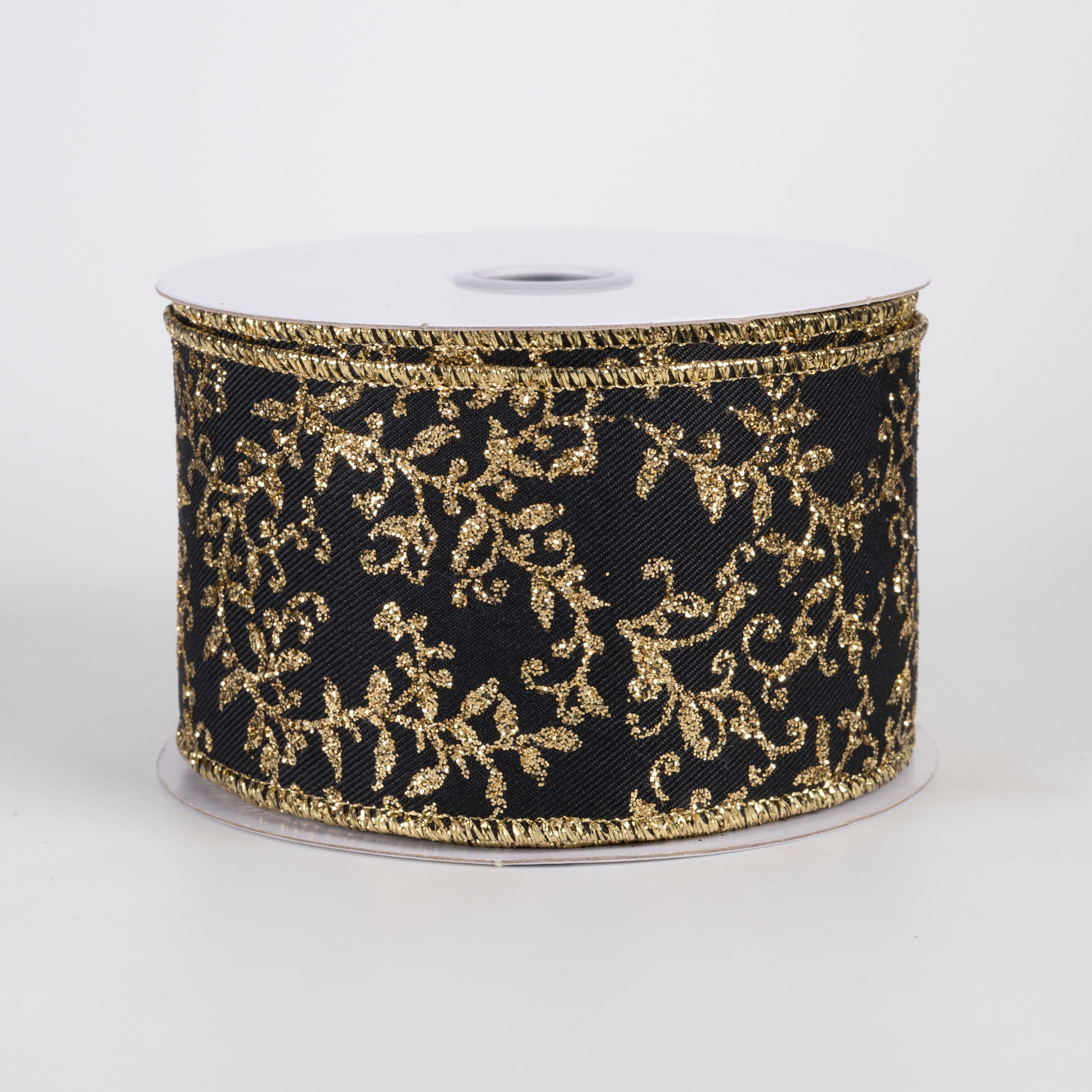 2.5" Glitter Mini Leaf Vines Ribbon: Black & Gold (10 Yards) Item Number: RGF131386