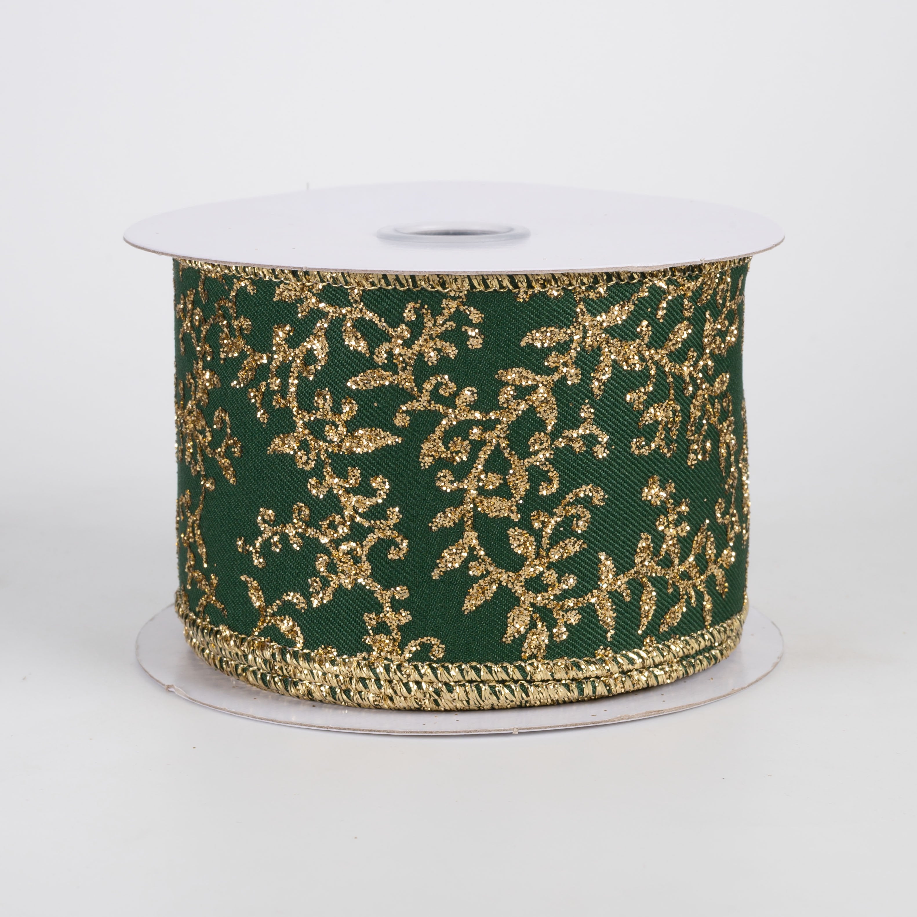 2.5" Glitter Mini Leaf Vines Ribbon: Hunter Green & Gold (10 Yards) Item Number: RGF1313CK