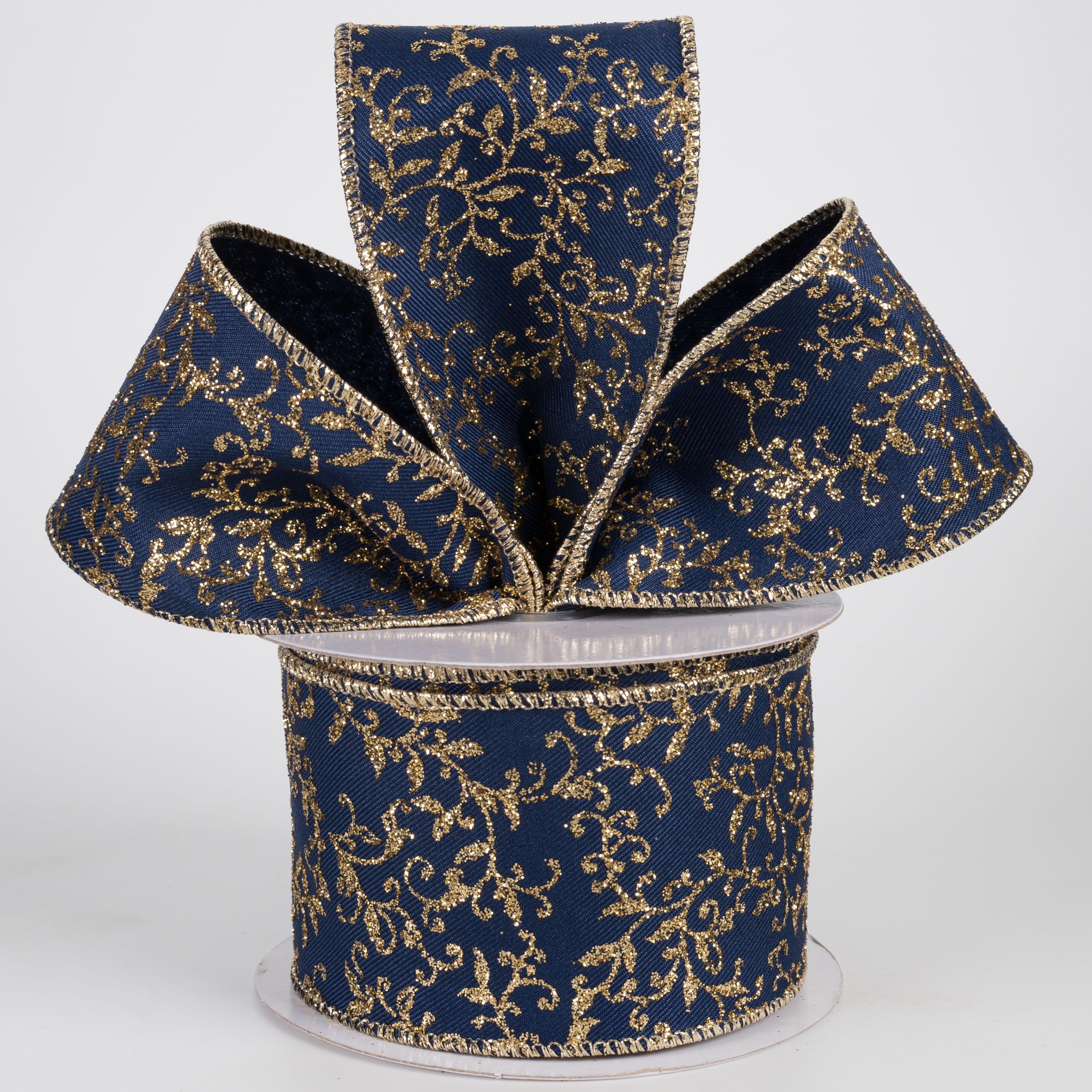 2.5" Glitter Mini Leaf Vines Ribbon: Navy Blue & Gold (10 Yards) Lifestyle Photo