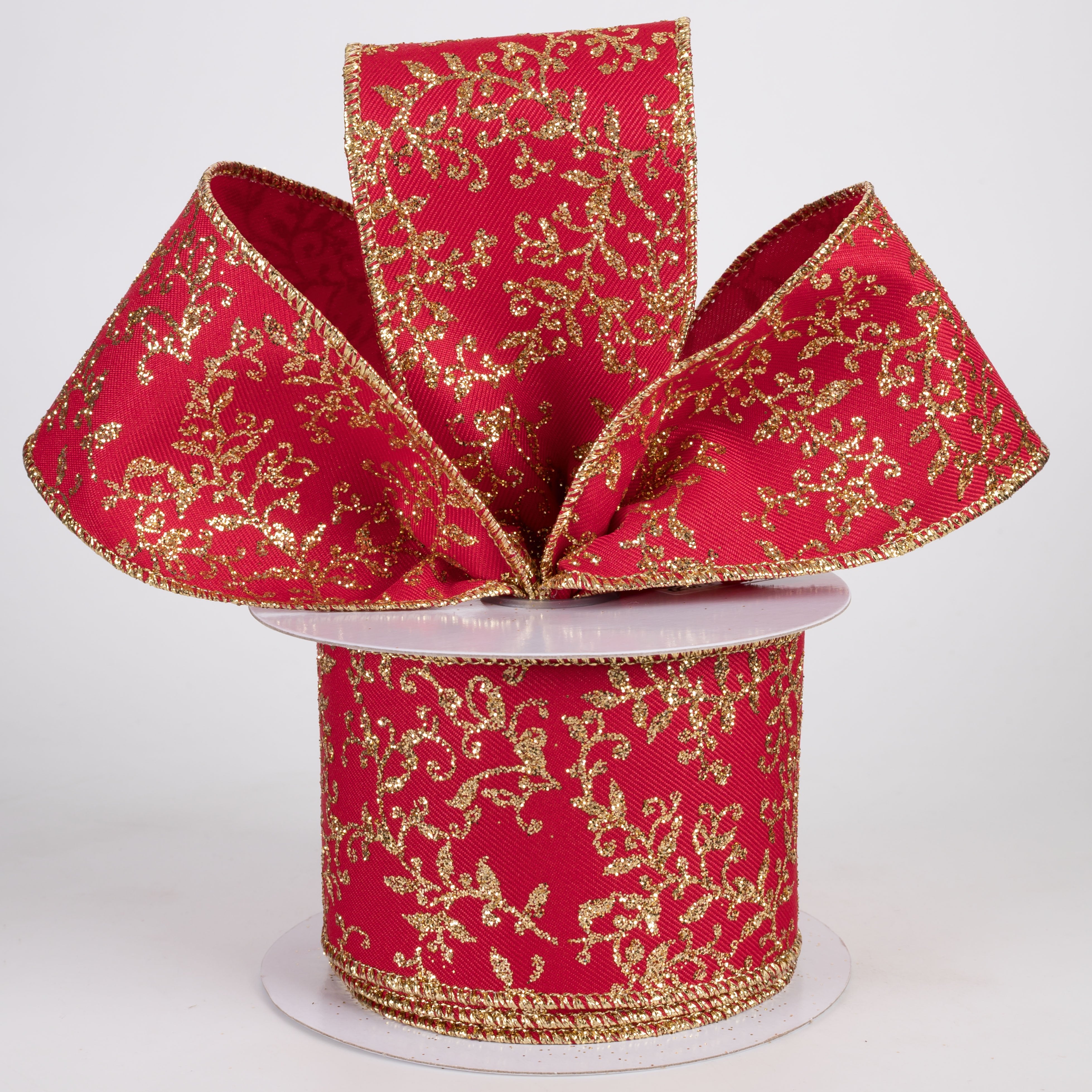 2.5" Glitter Mini Leaf Vines Ribbon: Red & Gold (10 Yards) Lifestyle Photo